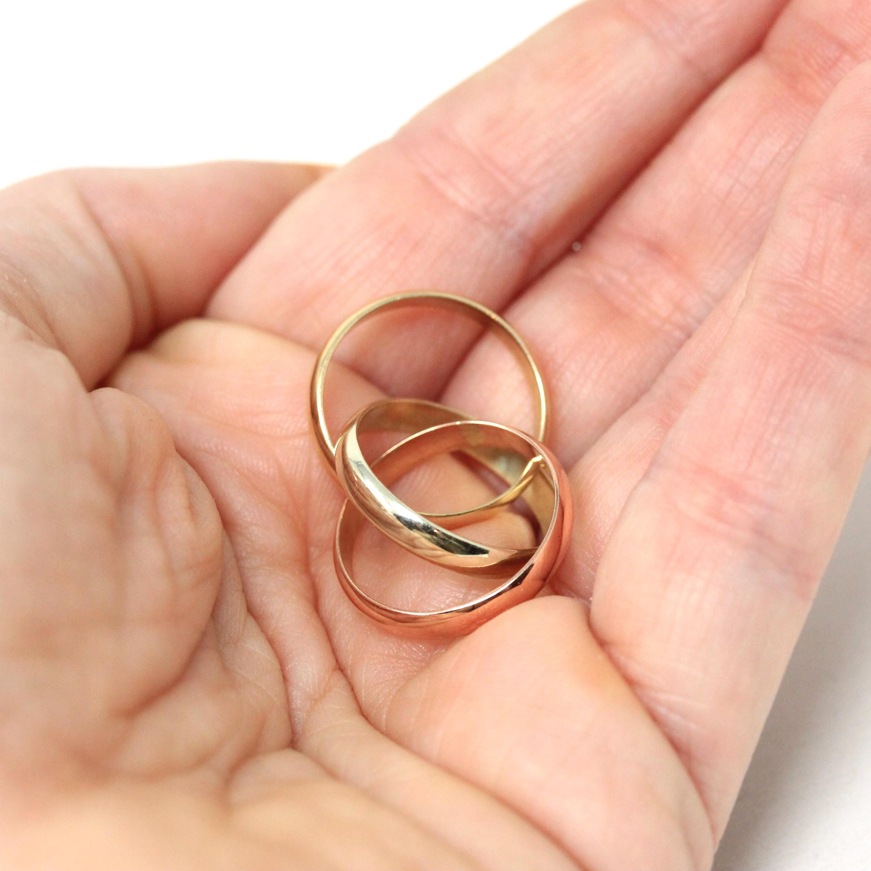 Rolling Trinity Ring - Vintage 9k Yellow Rose & White Gold Three Interlocking Bands - Modern Estate 1988 Size 3 1/4 Multi Tone Fine Jewelry