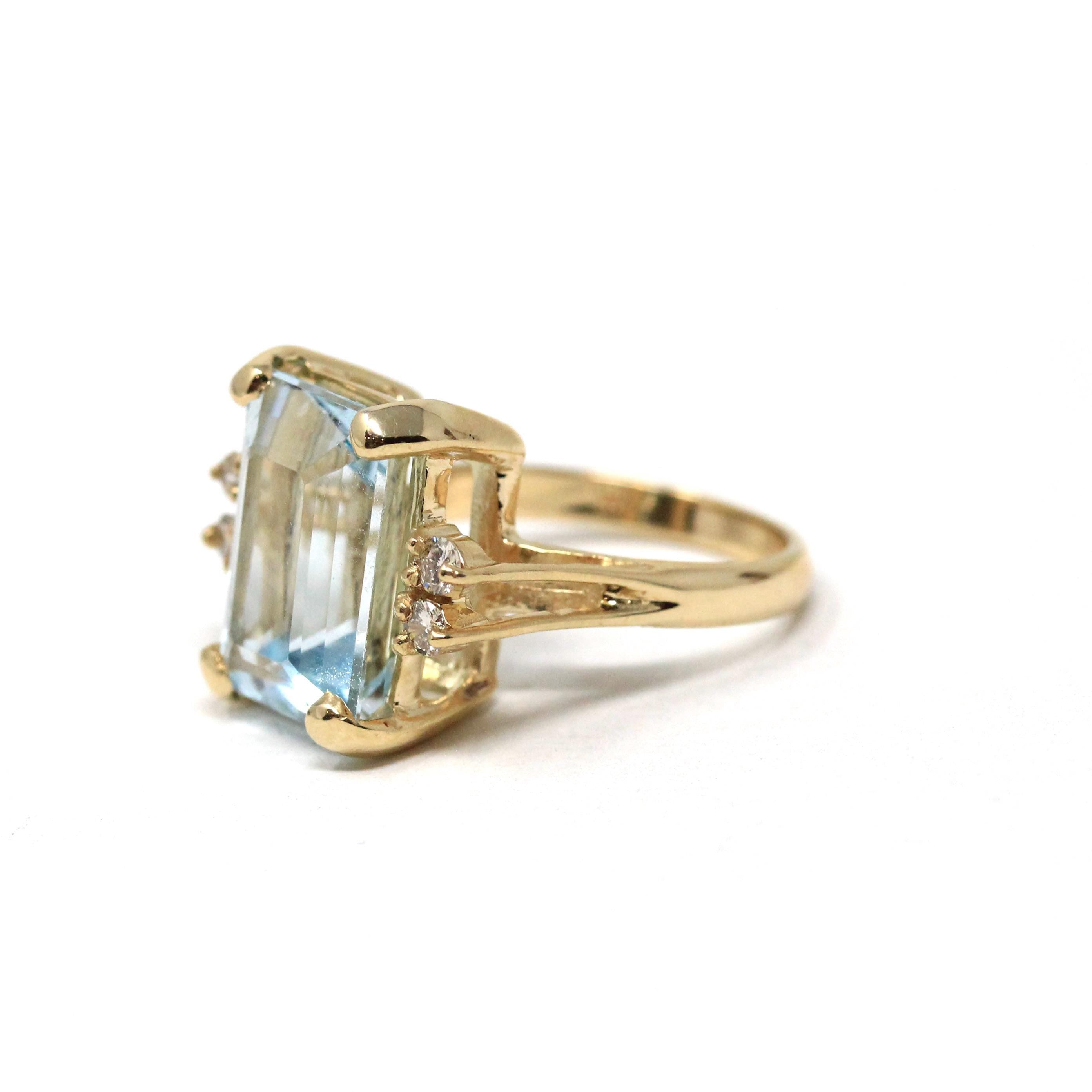 Estate Aquamarine Ring - Modern 14k Yellow Gold Natural Emerald Cut Gem & Diamond Accents - Circa 2000s Size 5 3/4 Fine Statement Jewelry