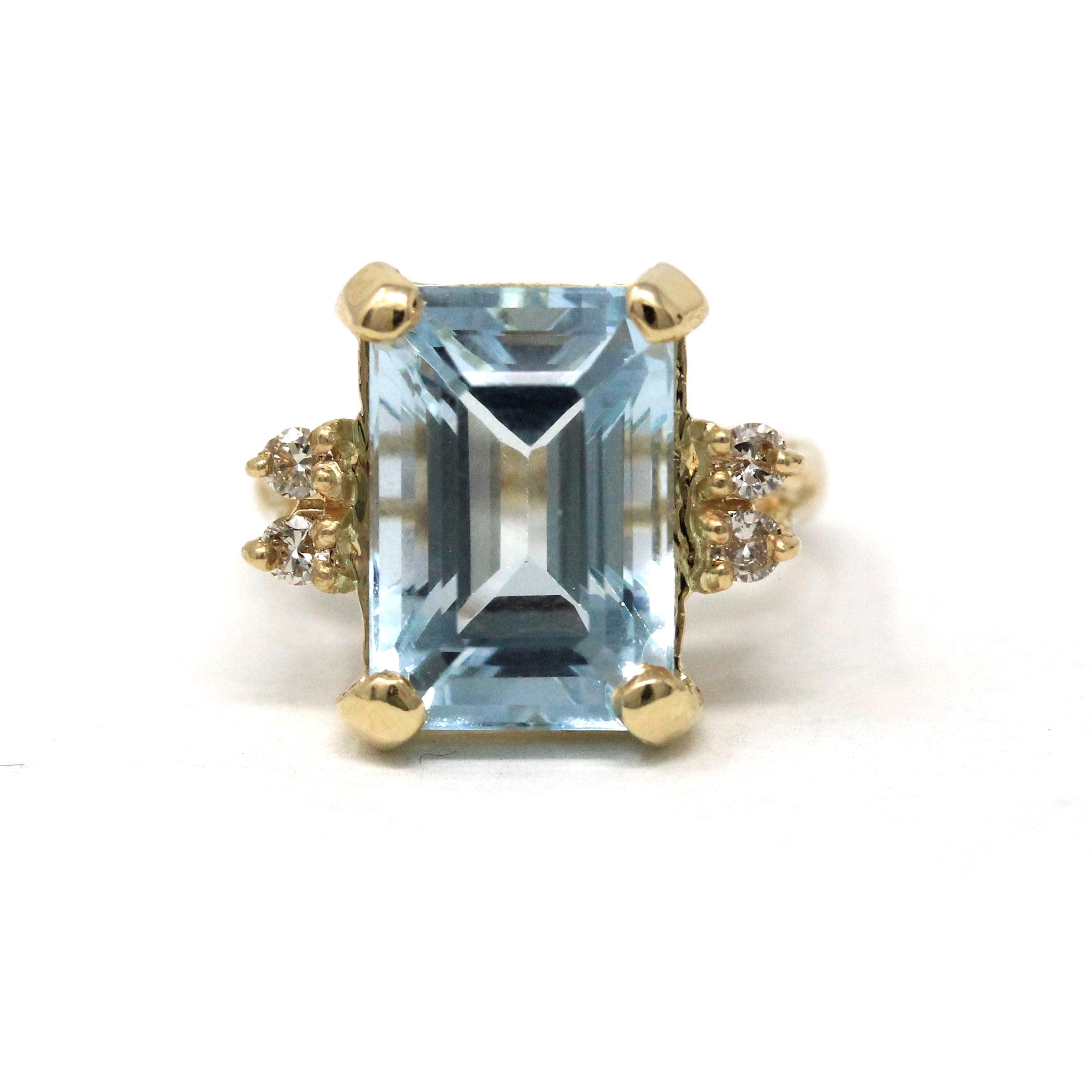 Estate Aquamarine Ring - Modern 14k Yellow Gold Natural Emerald Cut Gem & Diamond Accents - Circa 2000s Size 5 3/4 Fine Statement Jewelry