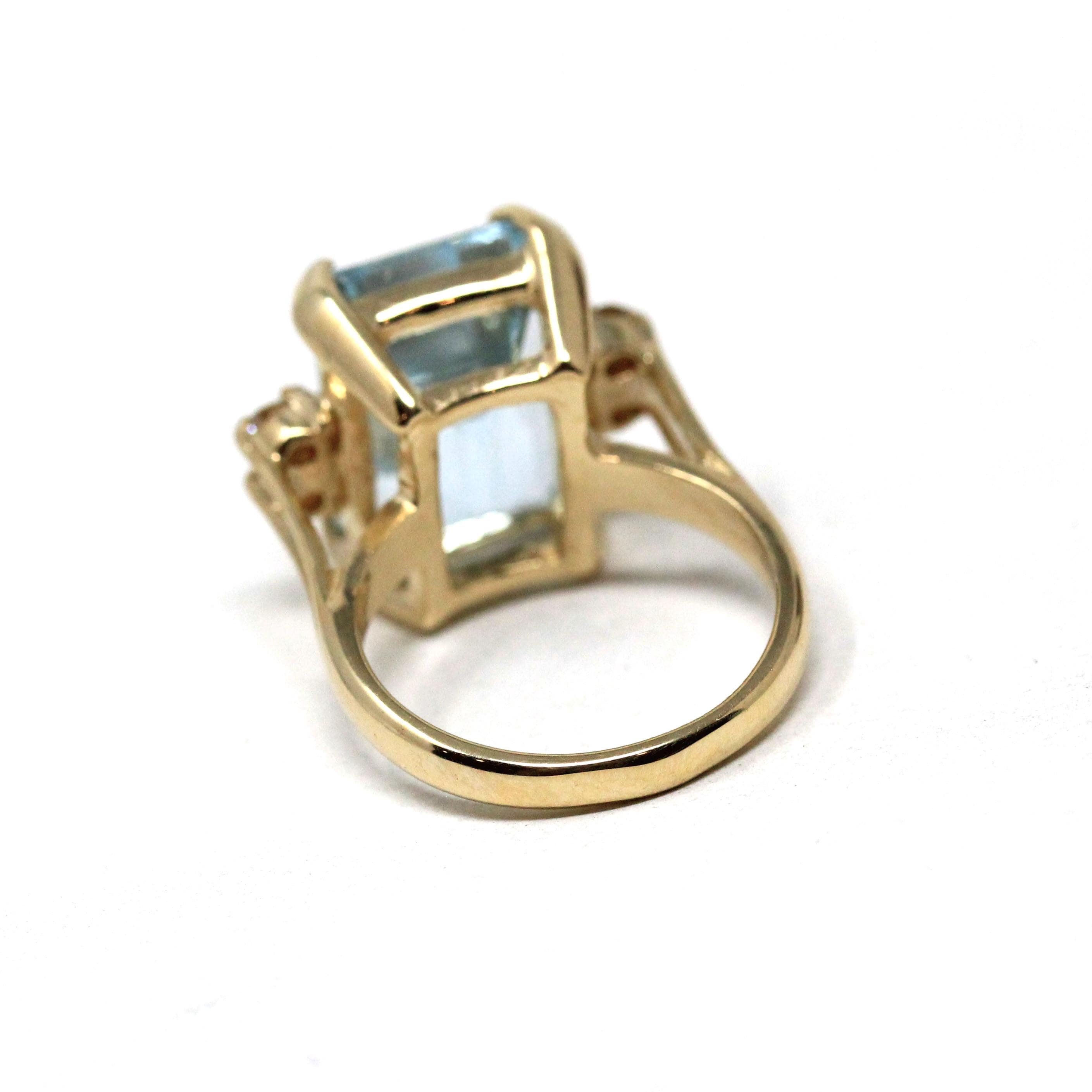 Estate Aquamarine Ring - Modern 14k Yellow Gold Natural Emerald Cut Gem & Diamond Accents - Circa 2000s Size 5 3/4 Fine Statement Jewelry