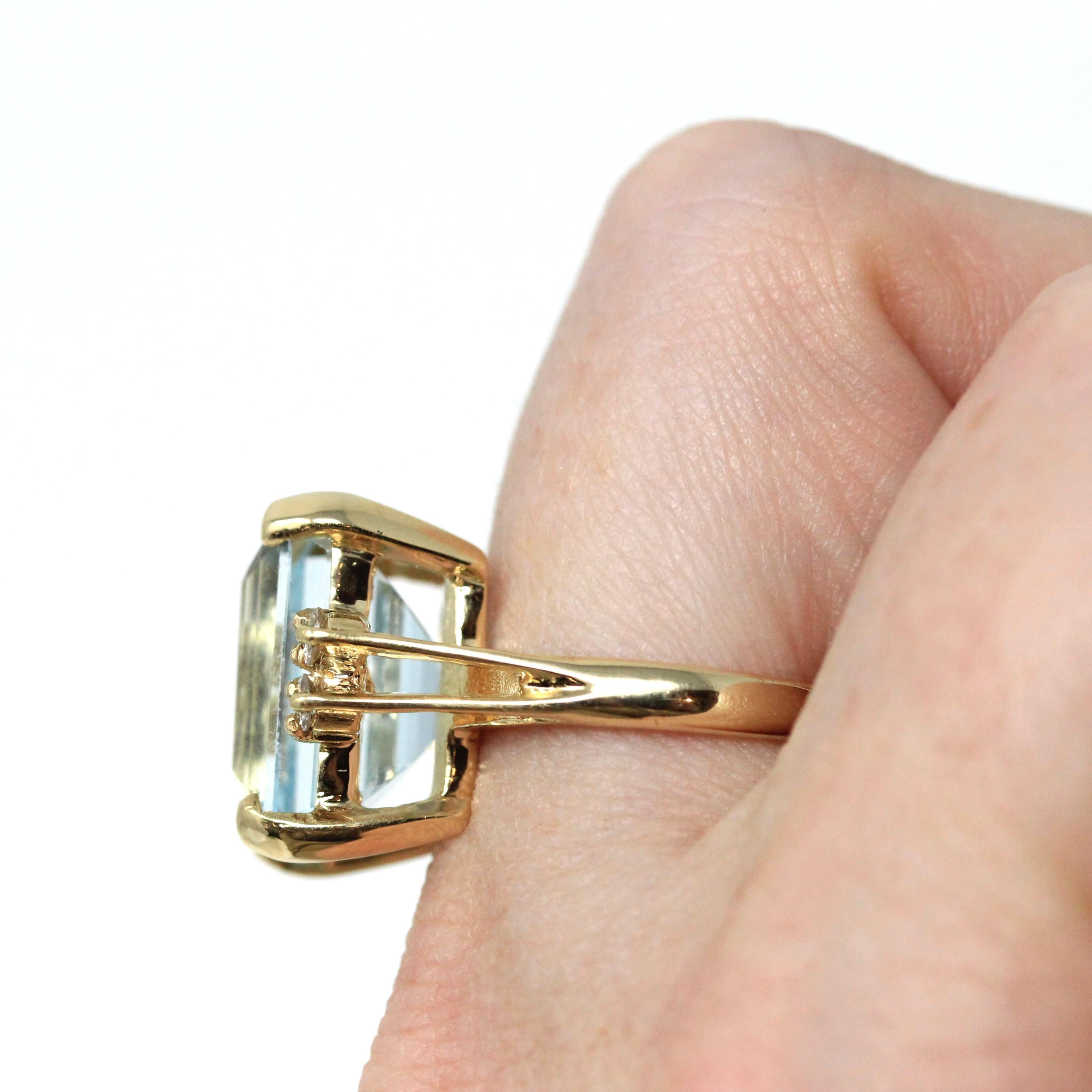 Estate Aquamarine Ring - Modern 14k Yellow Gold Natural Emerald Cut Gem & Diamond Accents - Circa 2000s Size 5 3/4 Fine Statement Jewelry