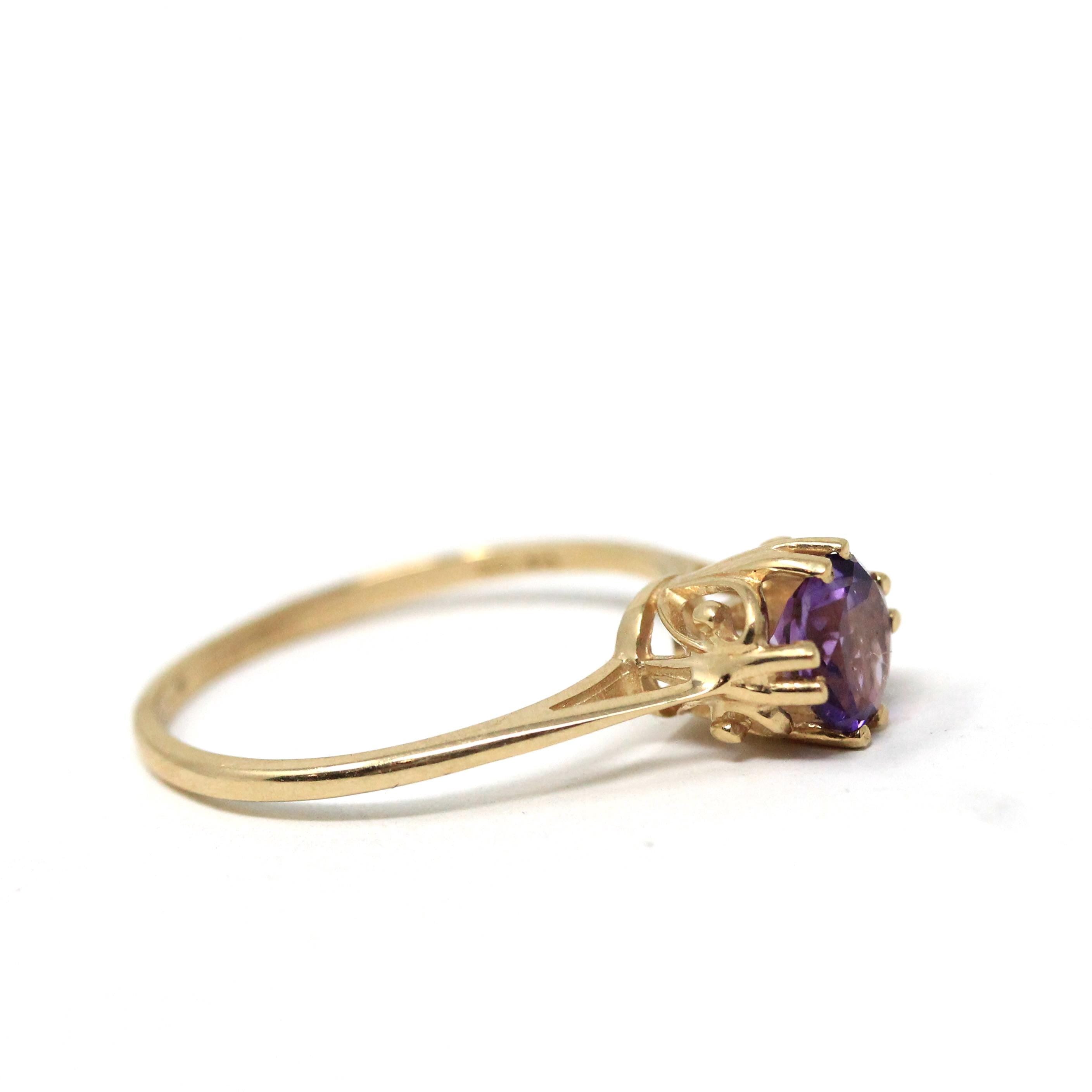 Estate Amethyst Ring - Modern 10k Yellow Gold Round Faceted .60 CT Purple Gemstone - Circa 2000s Size 7 3/4 February Birthstone Fine Jewelry