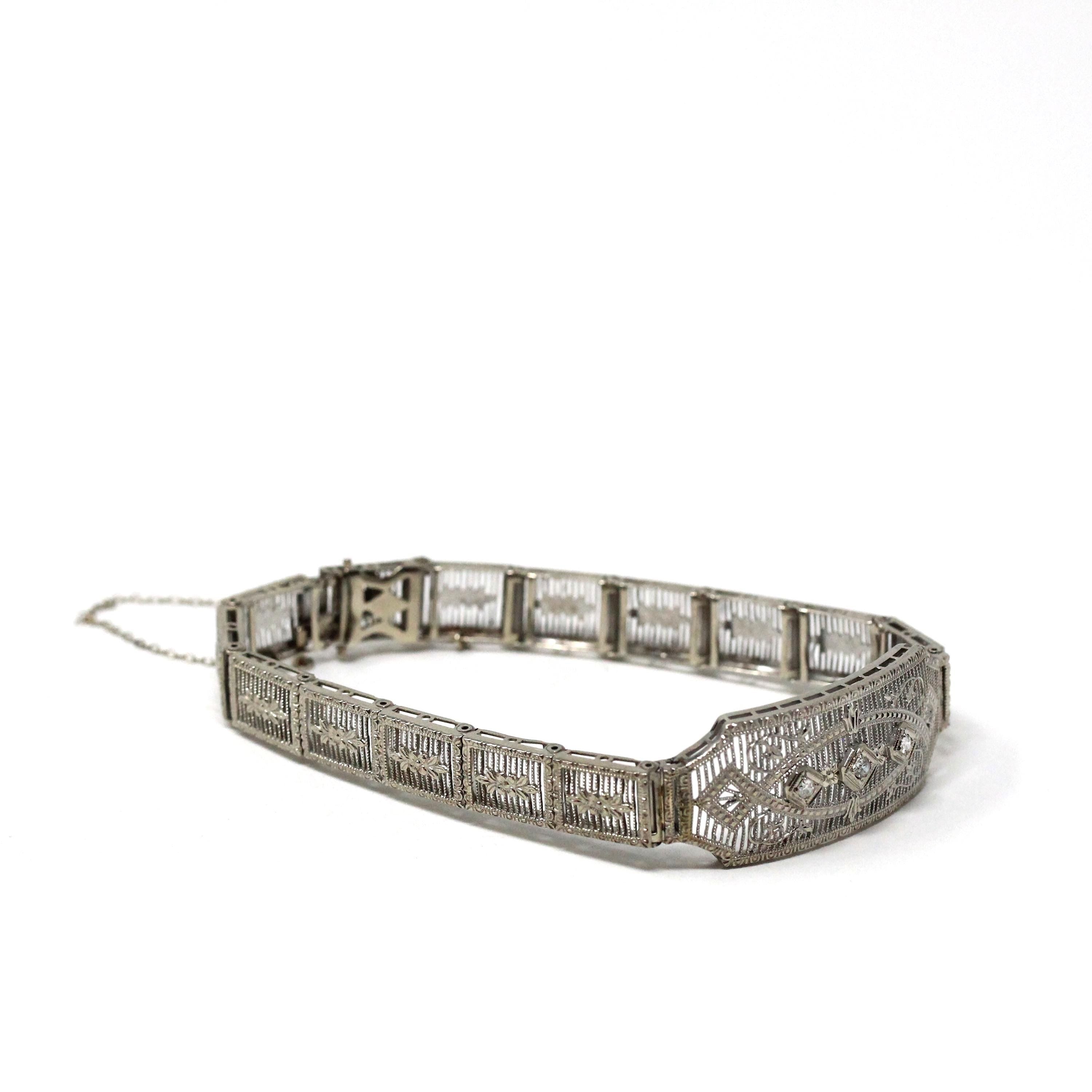 Art Deco Diamond Bracelet - Vintage 10k White Gold Filigree Natural .10 CTW Gemstones - Circa 1930s Era Wedding Filigree Panels Fine Jewelry