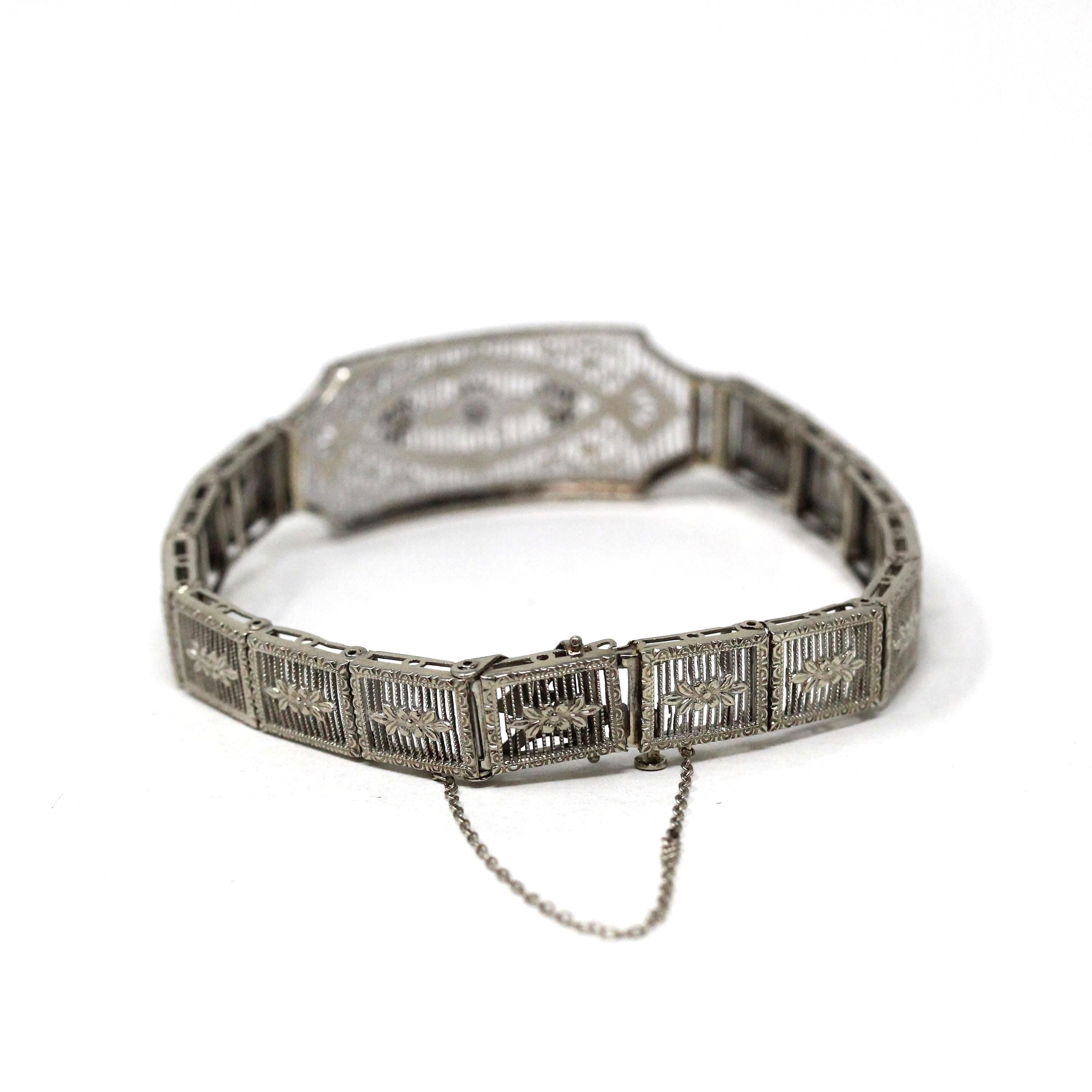 Art Deco Diamond Bracelet - Vintage 10k White Gold Filigree Natural .10 CTW Gemstones - Circa 1930s Era Wedding Filigree Panels Fine Jewelry