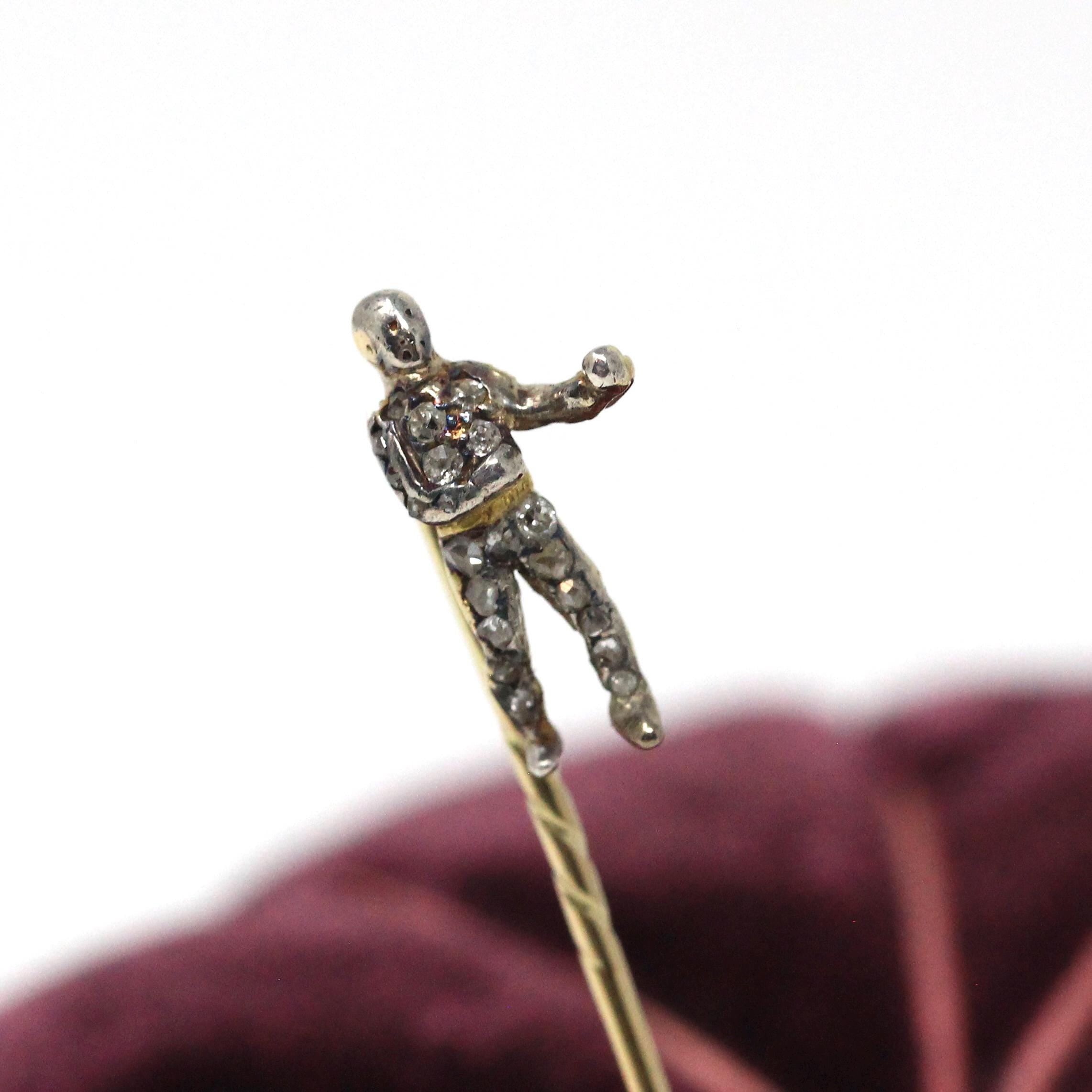 Antique Boxer Pin - Victorian Era Sterling Silver & 14k Yellow Gold Lapel Cravat Brooch - Vintage Late 1800s Pugilist Diamond Fine Jewelry