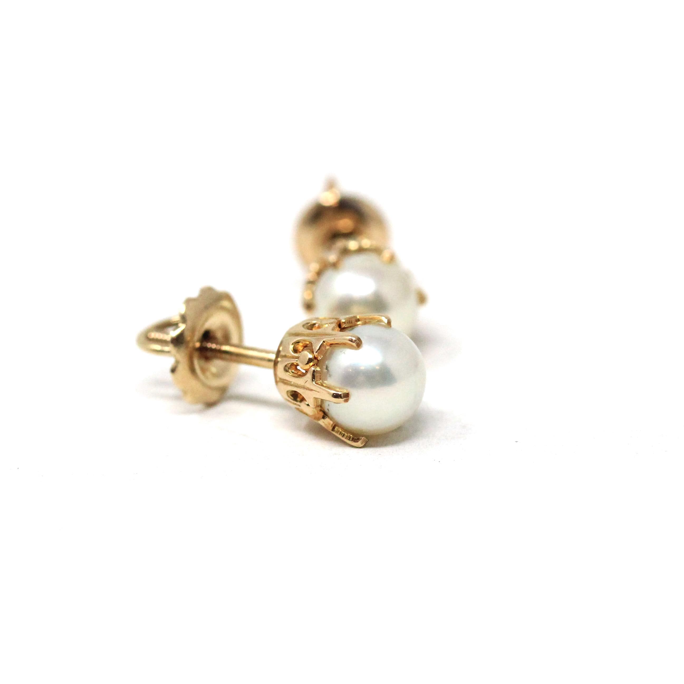 Vintage Cultured Pearl Earrings - Mid Century 10k Yellow Gold Round White Organic Gemstone Screw Backs - Circa 1940s Era BDA Fine Jewelry