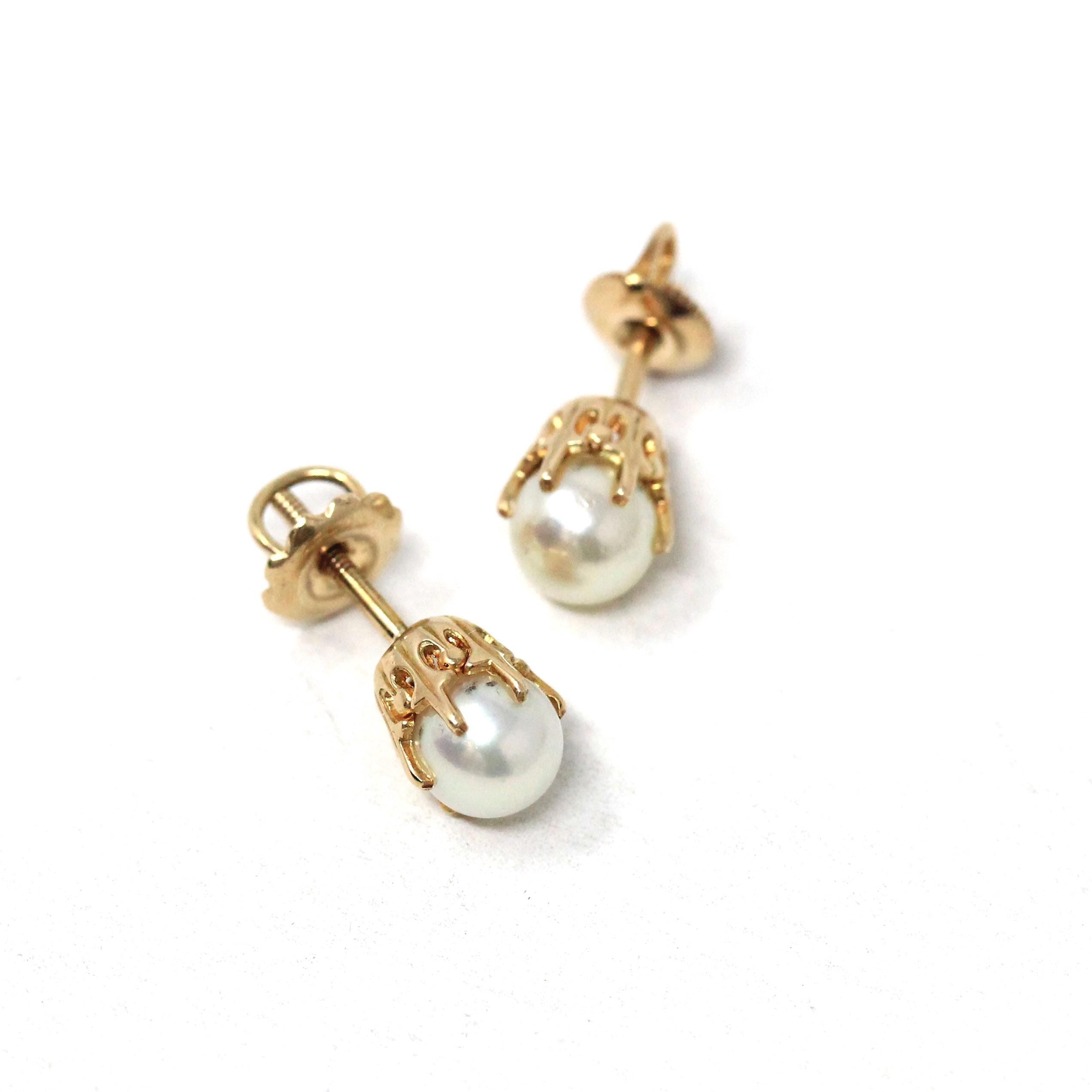 Vintage Cultured Pearl Earrings - Mid Century 10k Yellow Gold Round White Organic Gemstone Screw Backs - Circa 1940s Era BDA Fine Jewelry