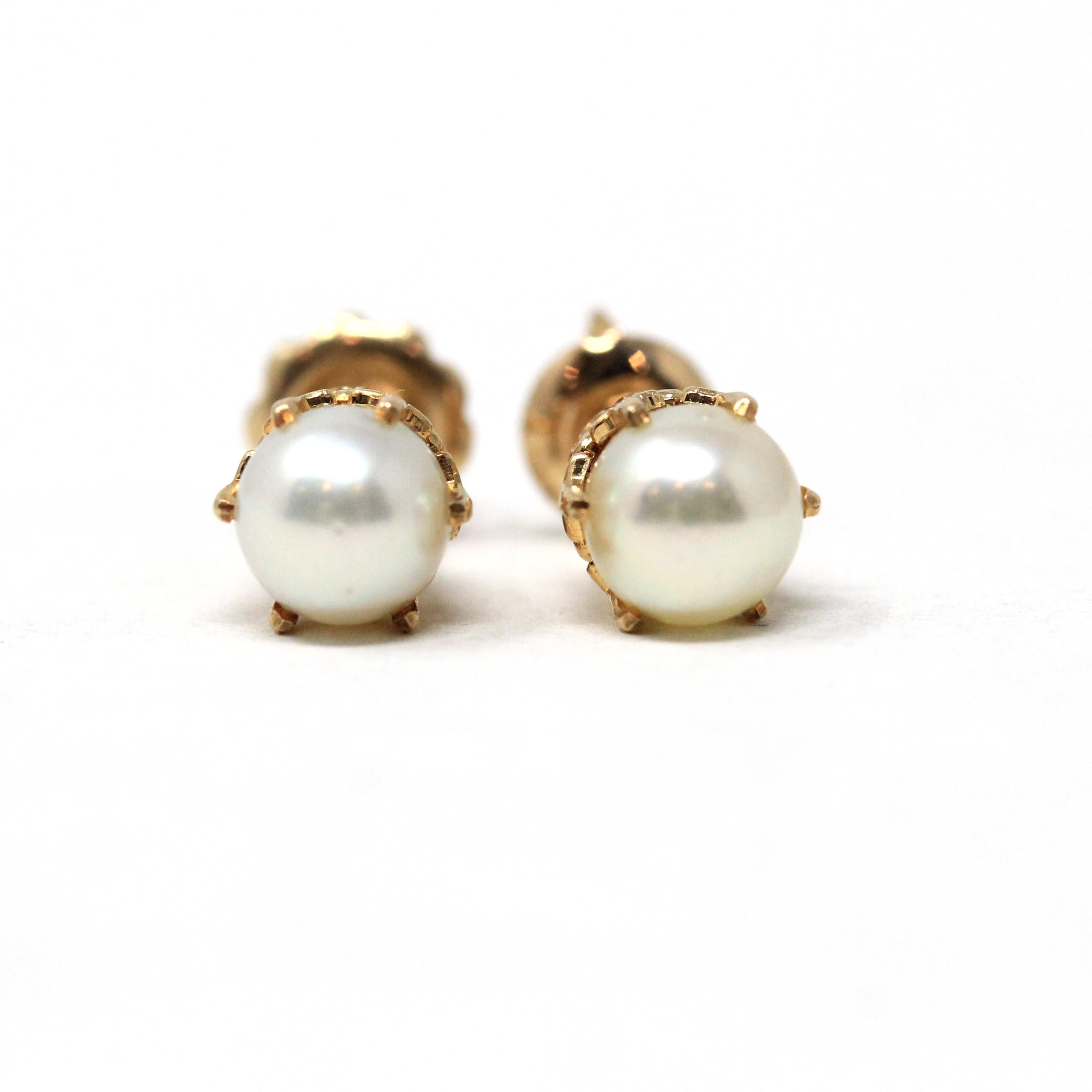 Vintage Cultured Pearl Earrings - Mid Century 10k Yellow Gold Round White Organic Gemstone Screw Backs - Circa 1940s Era BDA Fine Jewelry