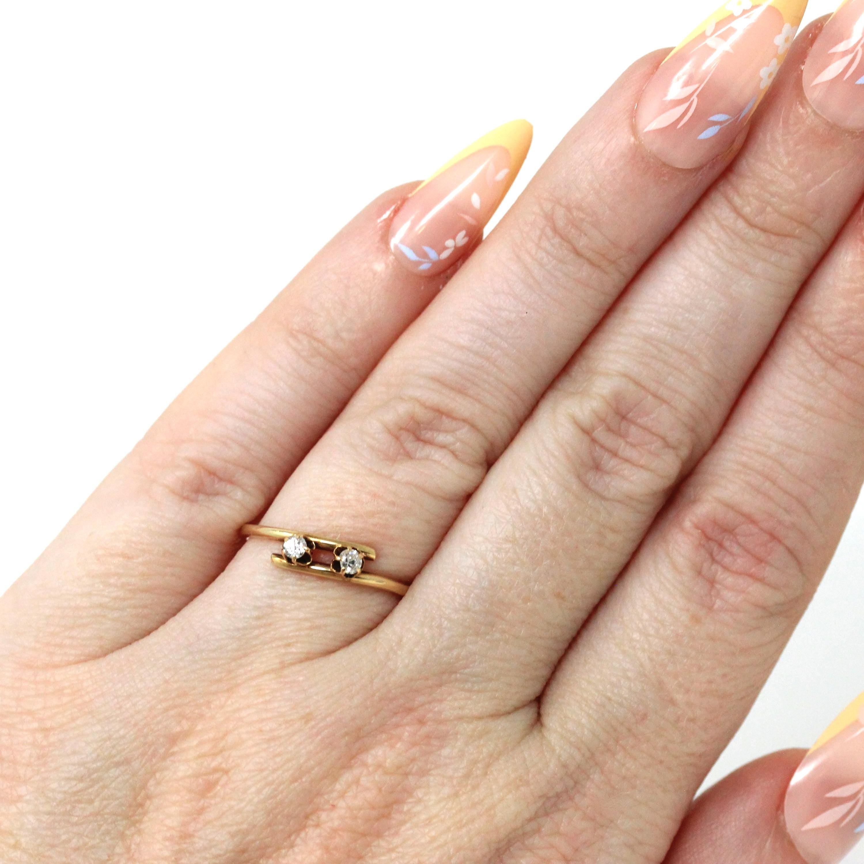 Diamond Bypass Ring - Mid Century 14k Yellow Gold Natural .08 CTW Old European Cut Two Stone Band - Circa 50s Size 5.25 Fine Bridal Jewelry