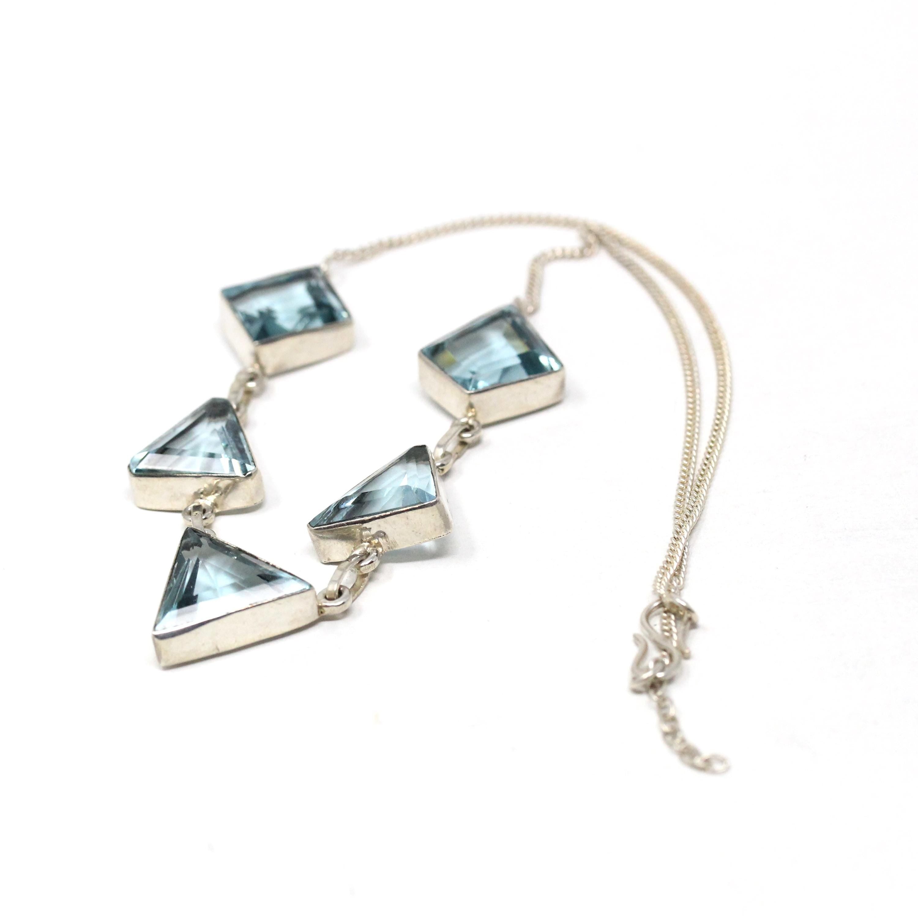 Modern Geometric Necklace - Estate Sterling Silver Simulated Blue Topaz Triangle Polygon - Circa 2000s Aquamarine Glass Station Fine Jewelry