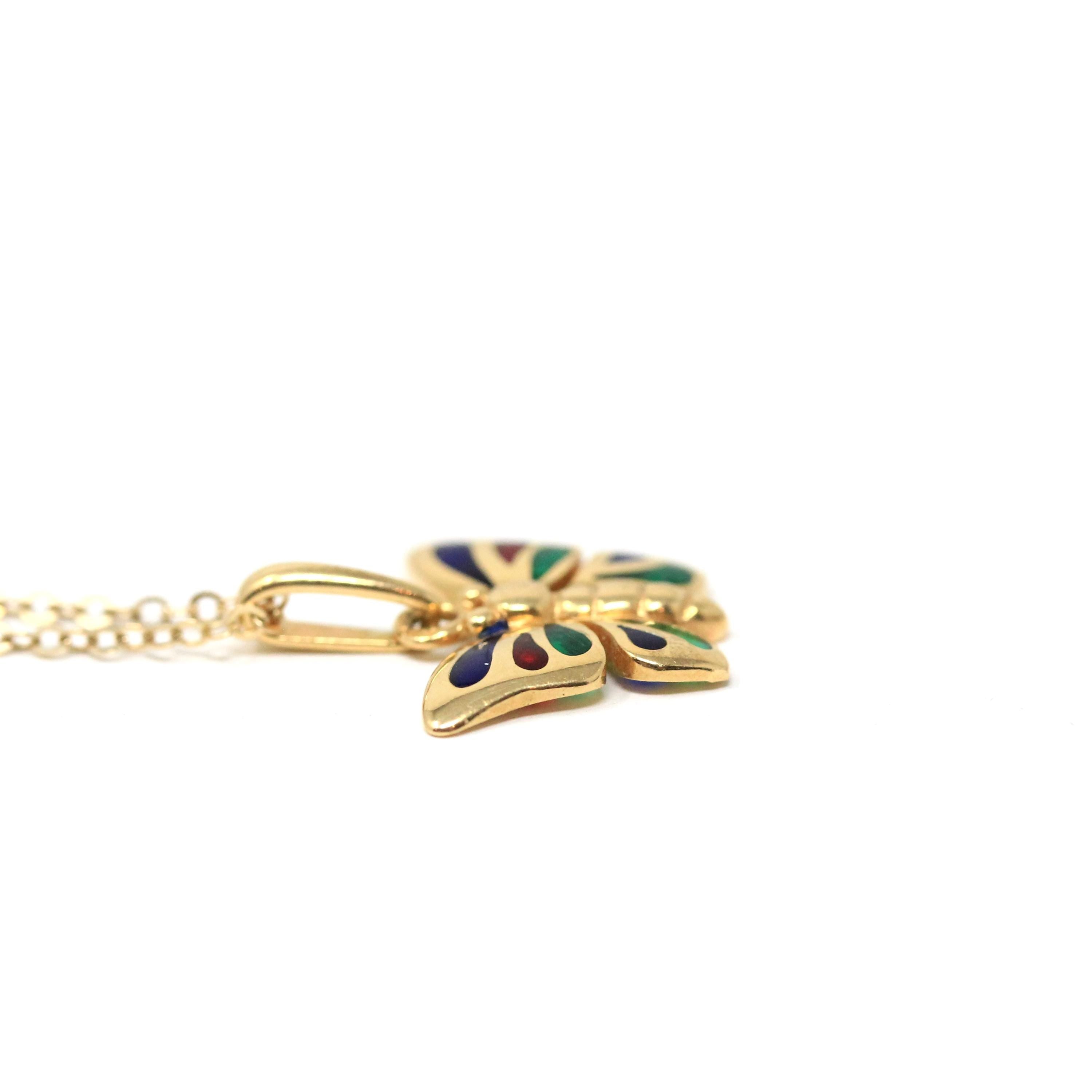 Modern Butterfly Necklace - Estate 18k Yellow Gold Flying Bug Colorful Pendant Charm - Circa 2000s Red Blue Green Glass Inlay Fine Jewelry