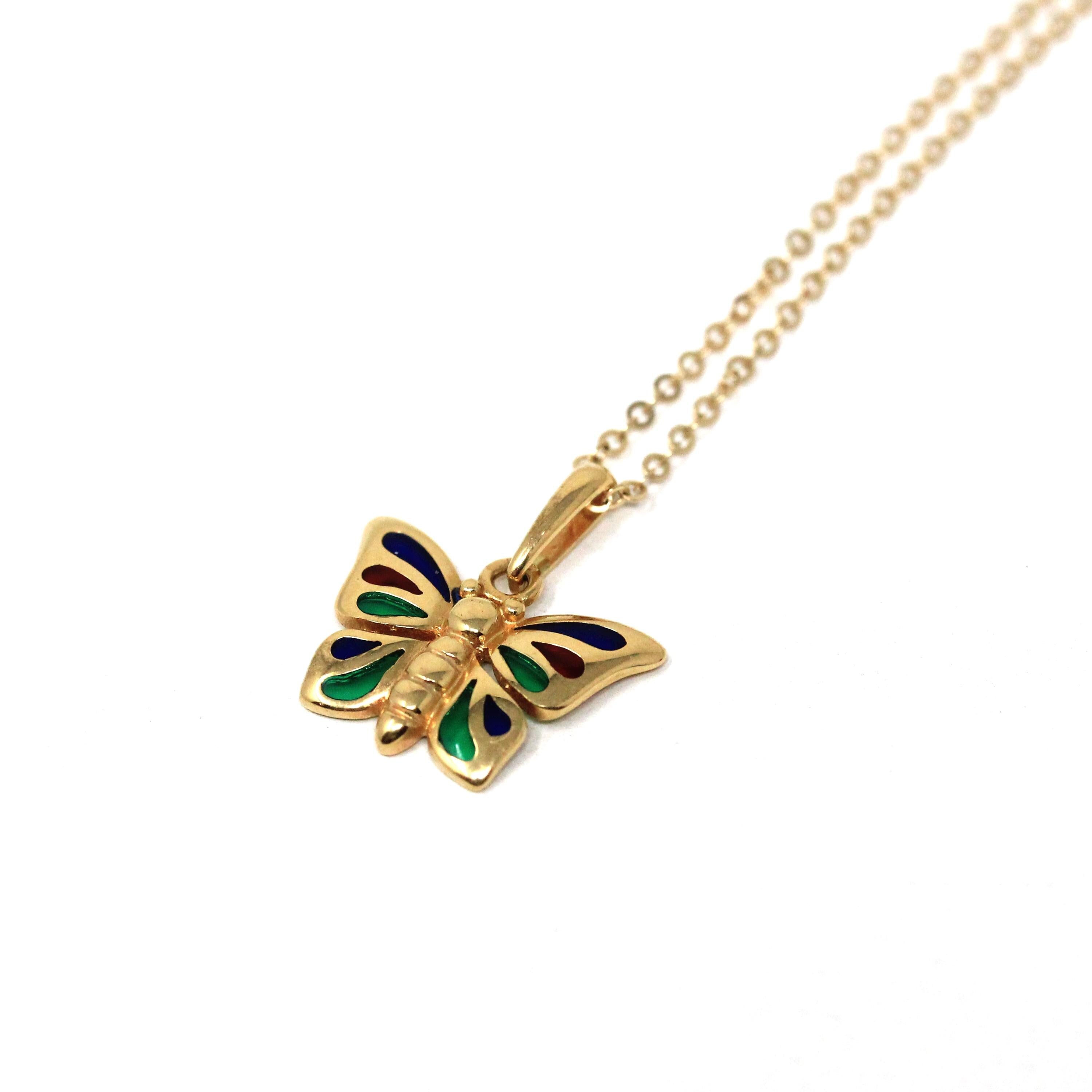 Modern Butterfly Necklace - Estate 18k Yellow Gold Flying Bug Colorful Pendant Charm - Circa 2000s Red Blue Green Glass Inlay Fine Jewelry