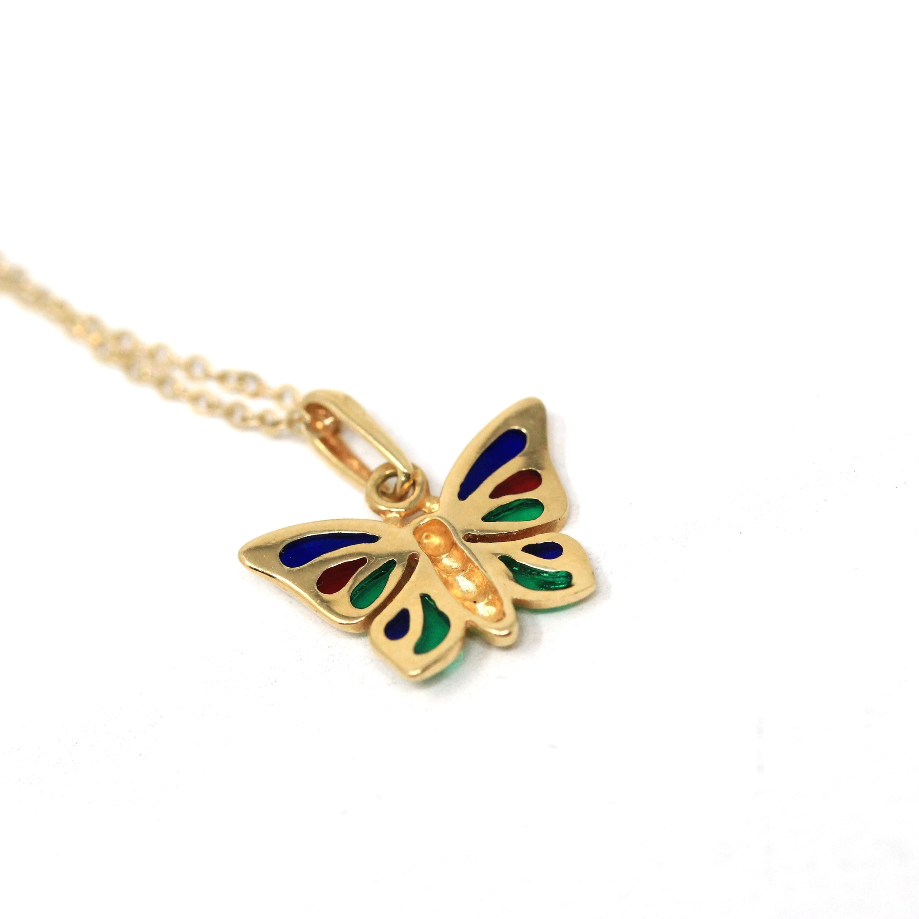 Modern Butterfly Necklace - Estate 18k Yellow Gold Flying Bug Colorful Pendant Charm - Circa 2000s Red Blue Green Glass Inlay Fine Jewelry