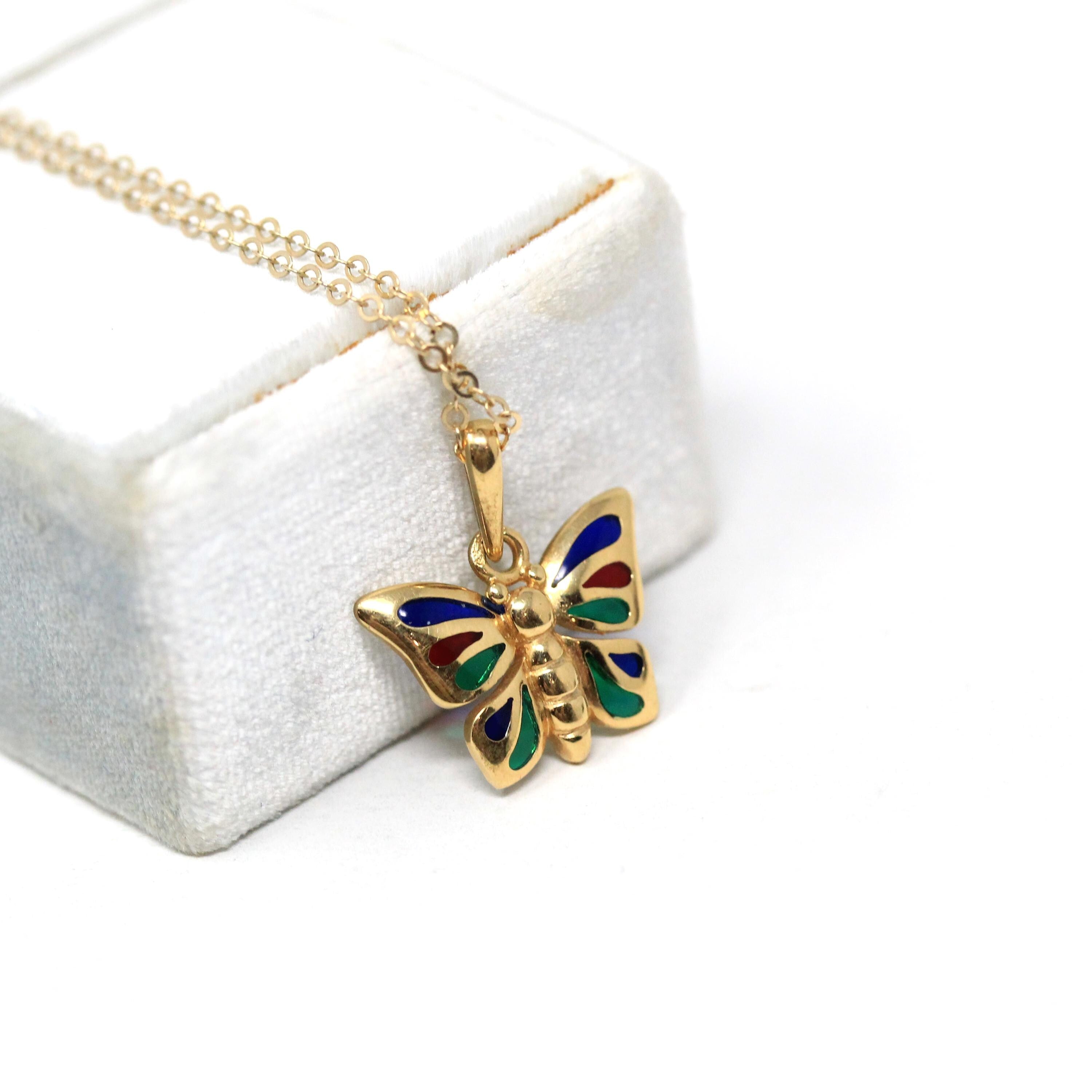 Modern Butterfly Necklace - Estate 18k Yellow Gold Flying Bug Colorful Pendant Charm - Circa 2000s Red Blue Green Glass Inlay Fine Jewelry