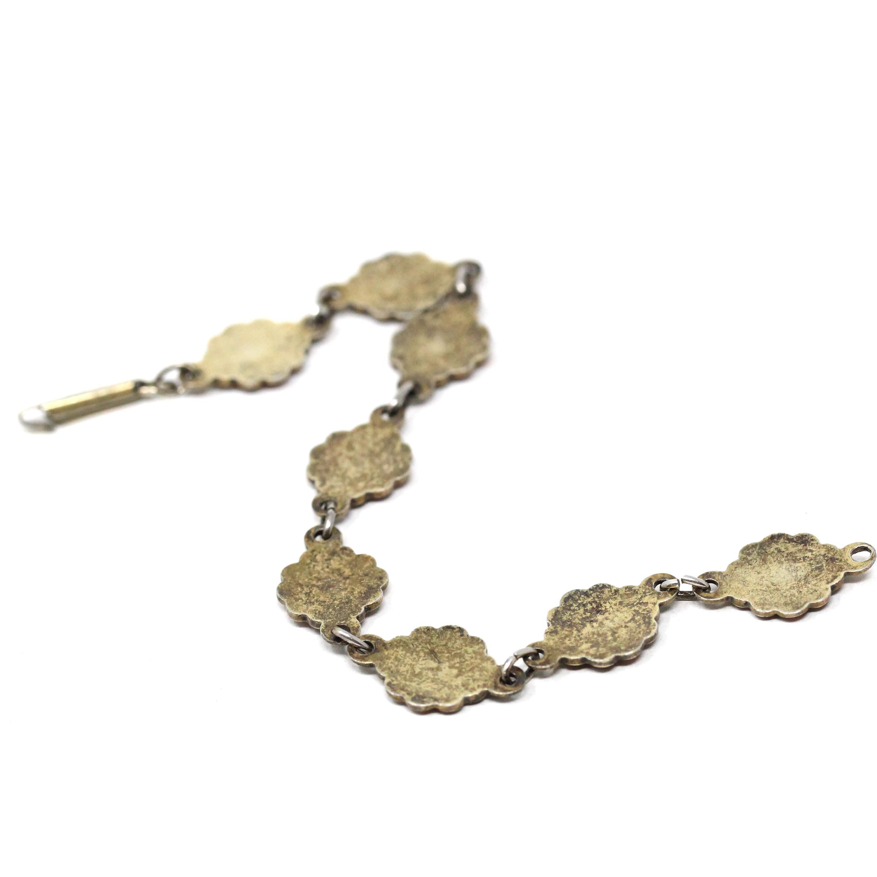 Guilloche Enamel Bracelet - Vintage Silver Orange Yellow Flower Panel Links - Circa 1940s Signed Einar Modahl Collectible Norwegian Jewelry