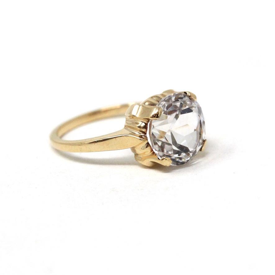 Created Spinel Ring - Mid Century 10k White Gold Round Faceted White Gem - Vintage Circa 1940s Size 6.5 Statement Fine August Birth Jewelry