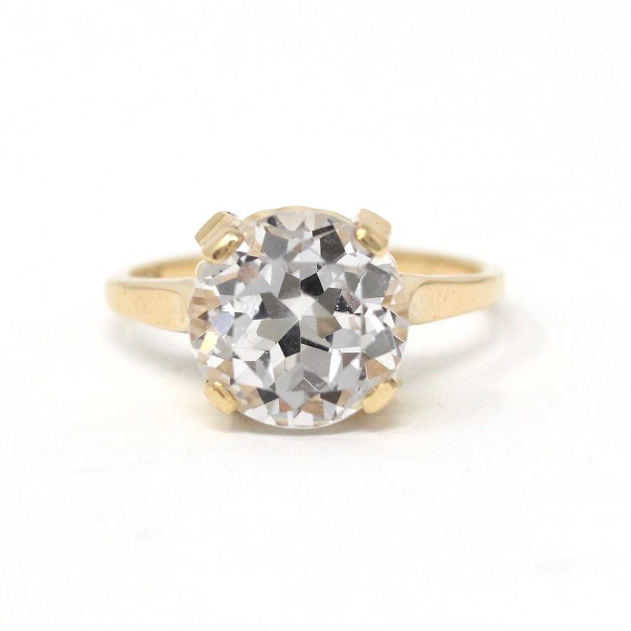 Created Spinel Ring - Mid Century 10k White Gold Round Faceted White Gem - Vintage Circa 1940s Size 6.5 Statement Fine August Birth Jewelry