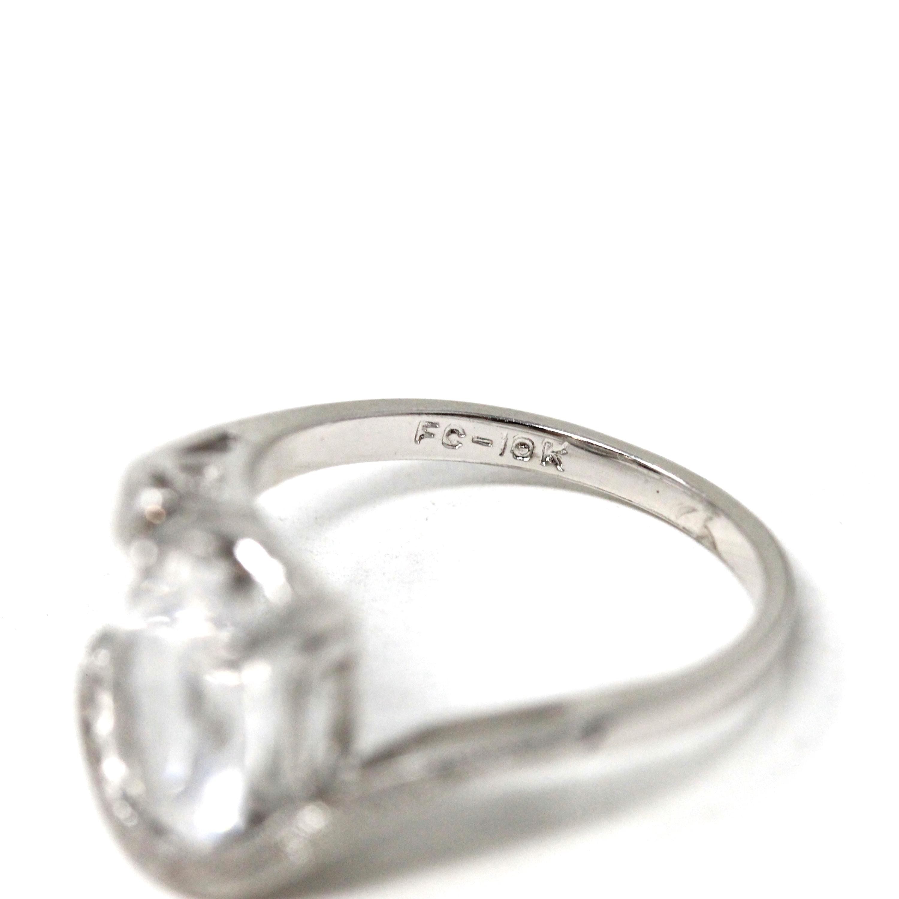 Created Spinel Ring - Retro 10k White Gold Oval Faceted White Stone - Vintage Circa 1960s Era Size 5 3/4 Fine Simulated Diamond Jewelry