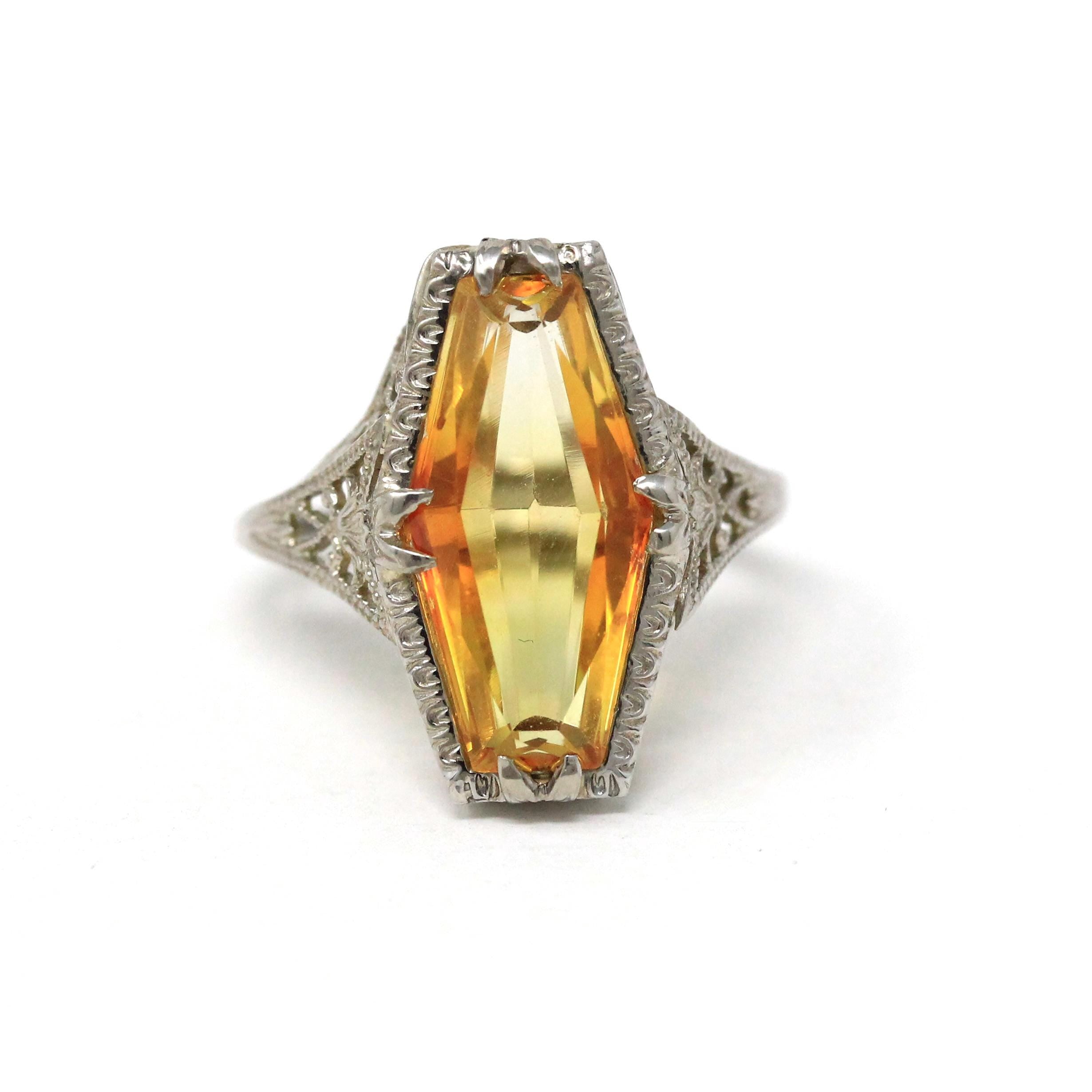 Art Deco Ring - Antique 14k White Gold Created Yellow Sapphire Fancy Cut Stone - Circa 1920s Era Size 4 3/4 Filigree Statement Fine Jewelry