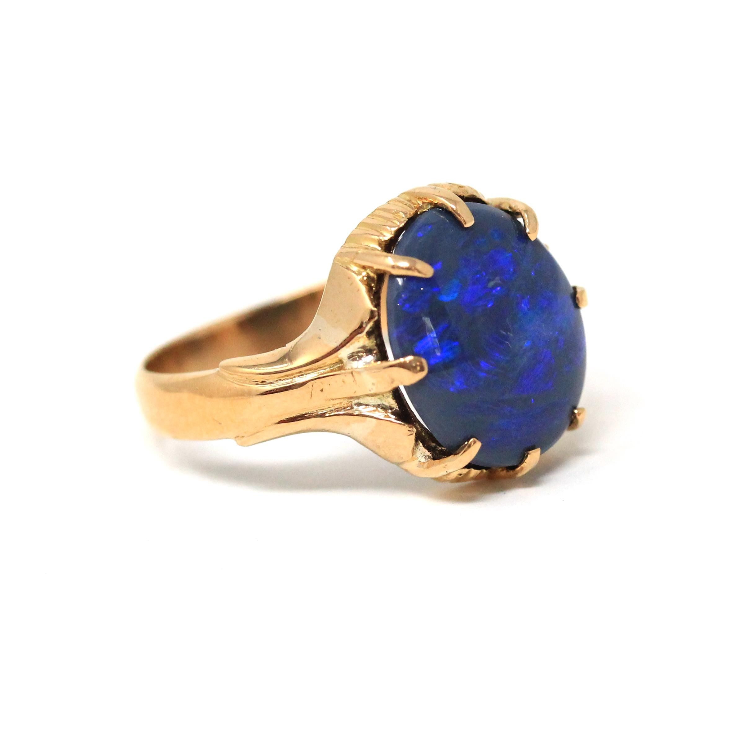 Dark Gray Opal Ring - Estate 18k Yellow Gold Oval Cabochon Cut 3.45 CT Gem - Modern Circa 1990s Size 7 3/4 October Birthstone Fine Jewelry