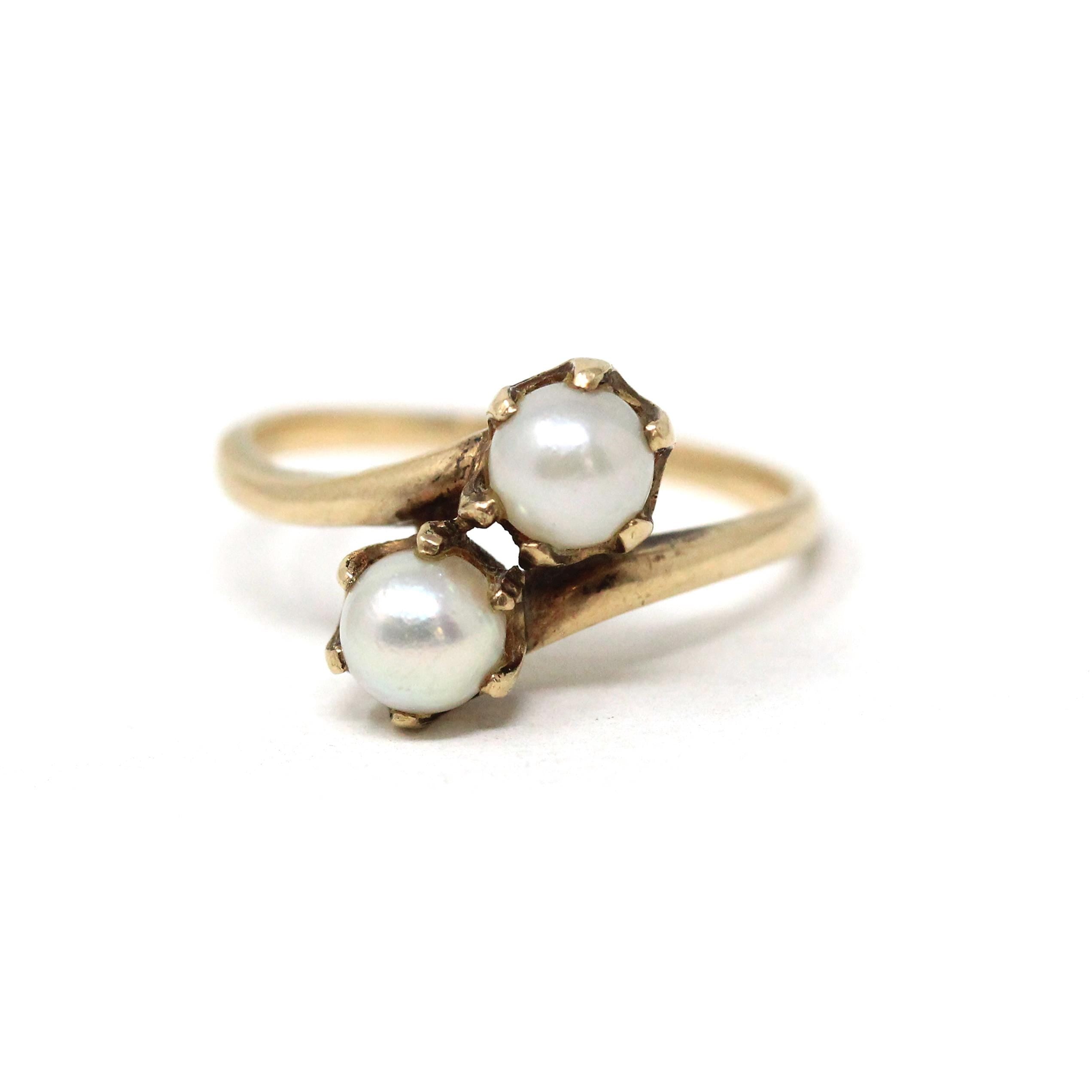 Cultured Pearl Ring - Mid Century 10k Yellow Gold Toi Et Moi Two Gem Bypass - Vintage Circa 1940s Size 6 3/4 June Birthstone B&F Jewelry