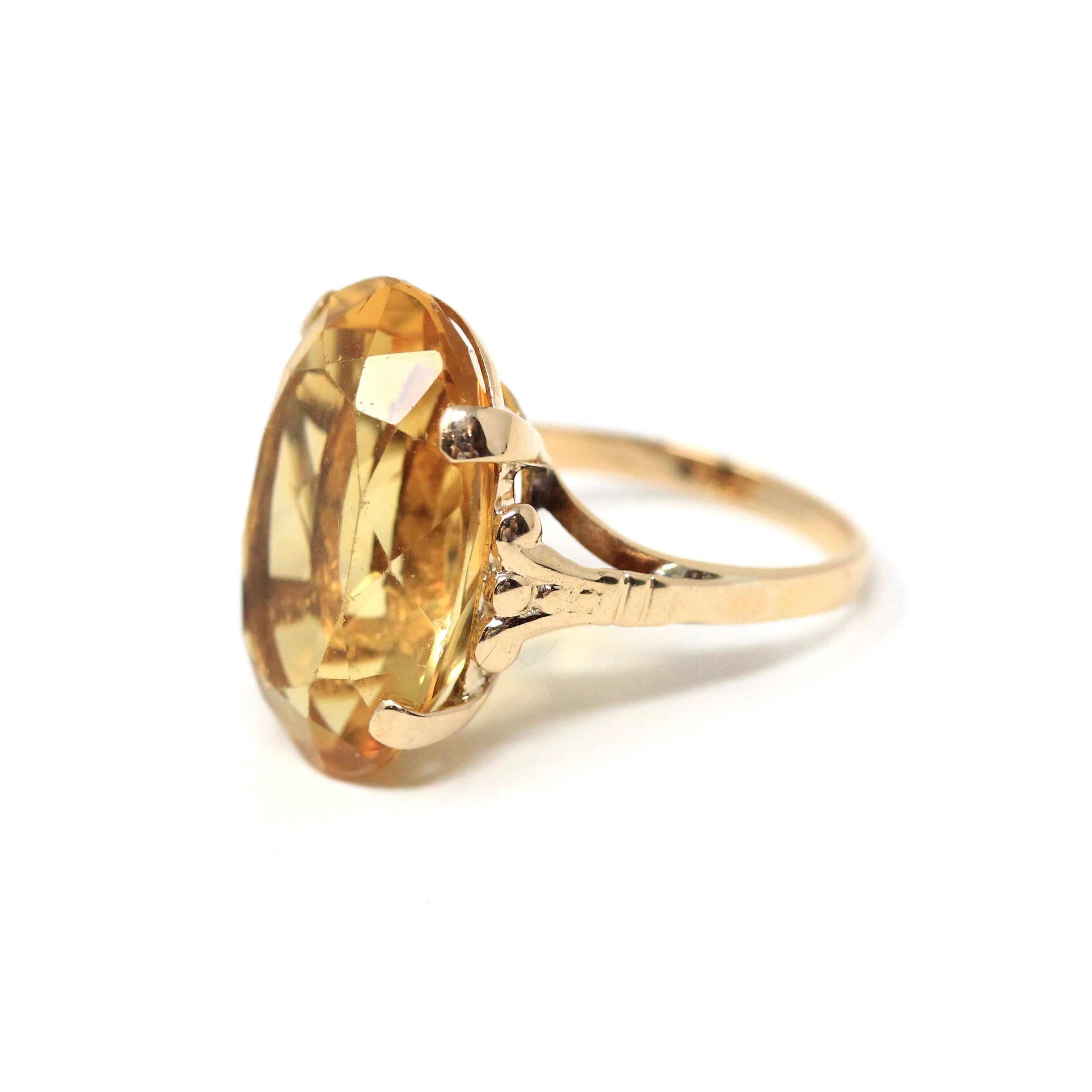 Natural Citrine Ring - Mid Century 14k Yellow Gold Oval Faceted Gemstone - Vintage Circa 1940s Era Size 5 November Birthstone Fine Jewelry