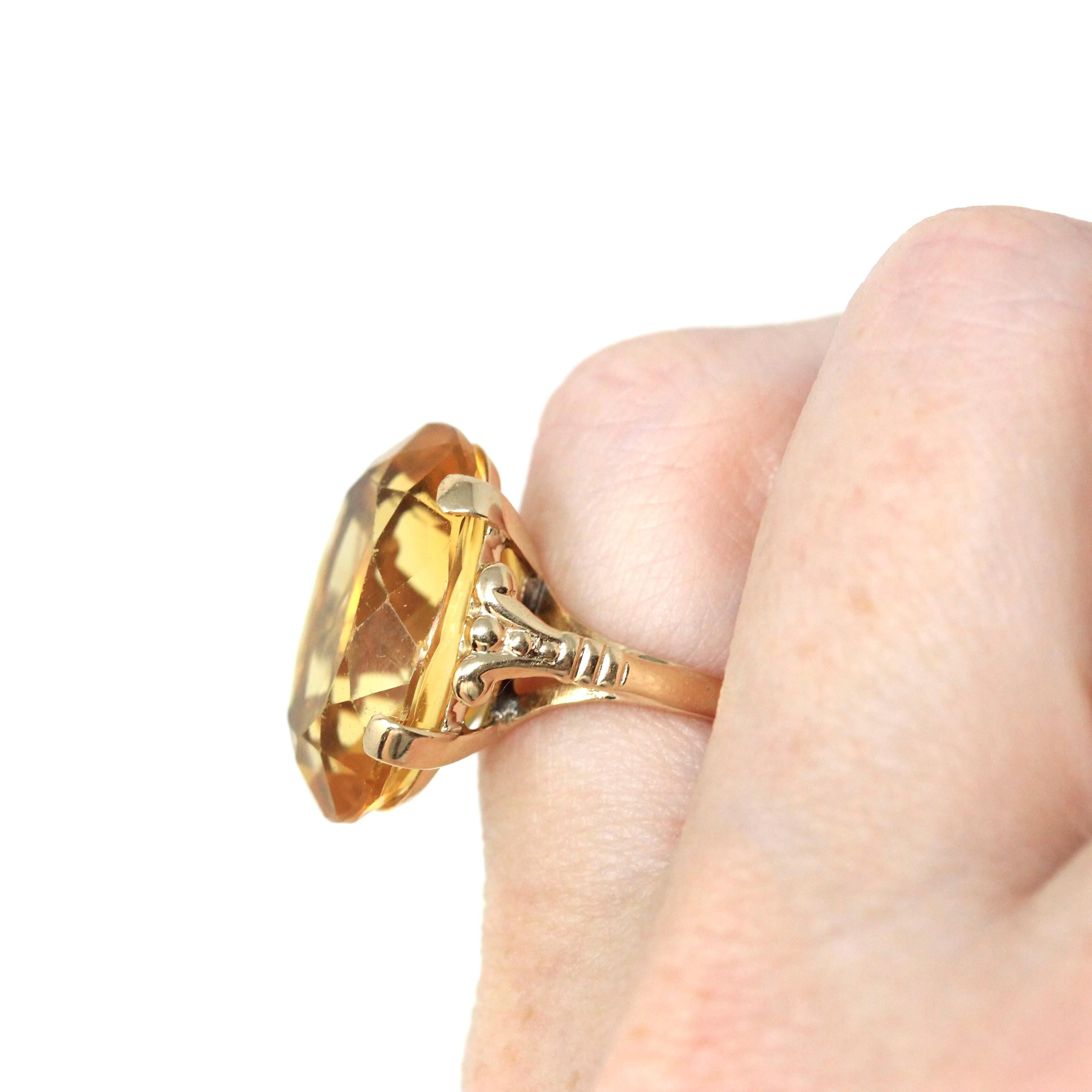 Natural Citrine Ring - Mid Century 14k Yellow Gold Oval Faceted Gemstone - Vintage Circa 1940s Era Size 5 November Birthstone Fine Jewelry