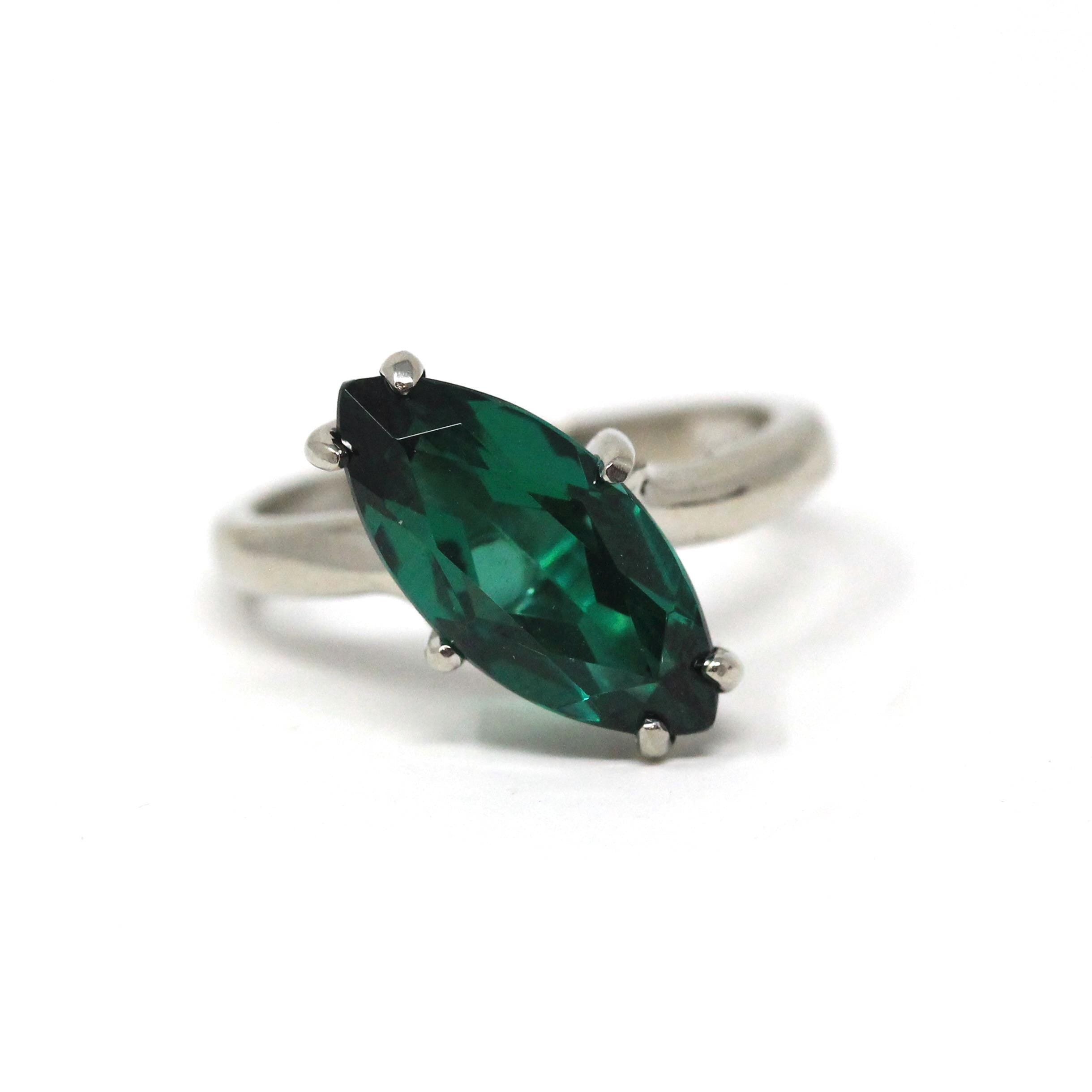 Simulated Emerald Ring - 10k White Gold Asymmetrical Created Green Spinel Triplet - Circa 1950s Mid Century Size 6.25 Fine Solitaire Jewelry