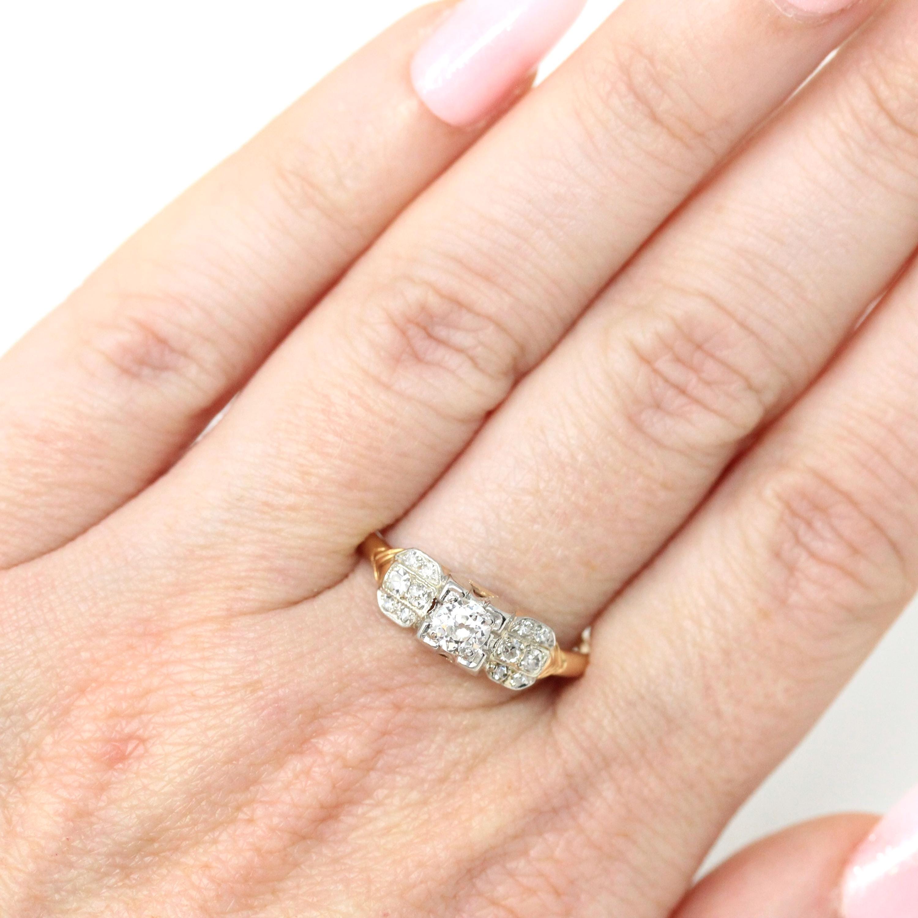 Mid Century Engagement Ring - 14k Yellow Gold & Platinum Natural Diamond Cluster - Vintage Circa 1950s Era Size 9 1/4 Fine Statement Jewelry