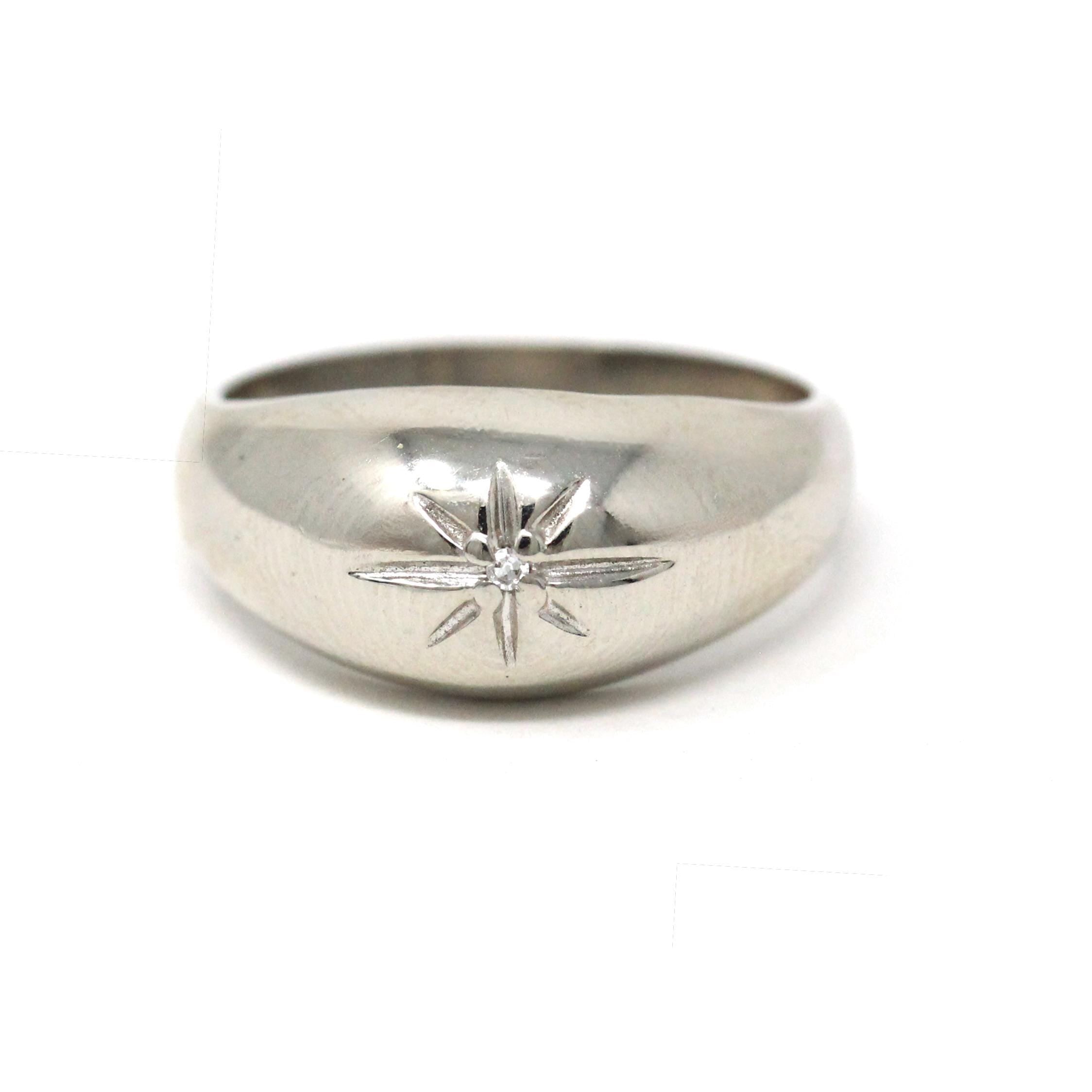 Star Dome Ring - Vintage 10k White Gold Chunky Solitaire Diamond Band - Mid Century Circa 1950s Size 5 1/2 Fine Celestial Statement Jewelry