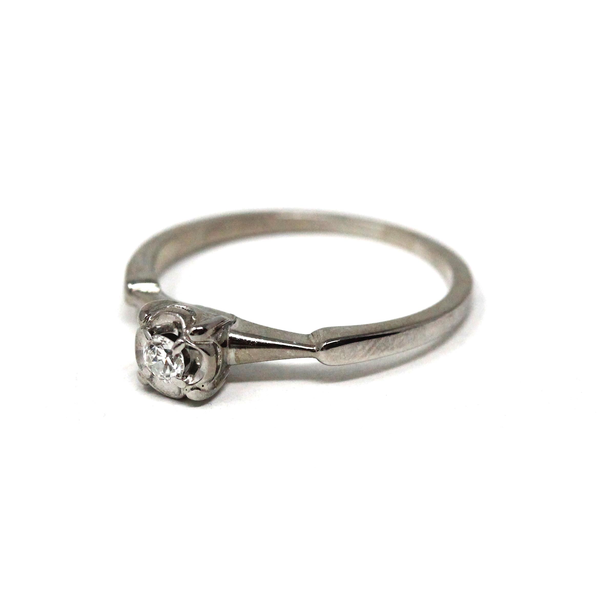 Mid Century Ring - Vintage 18k White Gold Solitaire Diamond Engagement - Circa 1950s Era Size 7 1/4 Illusion Head Fine Statement Jewelry