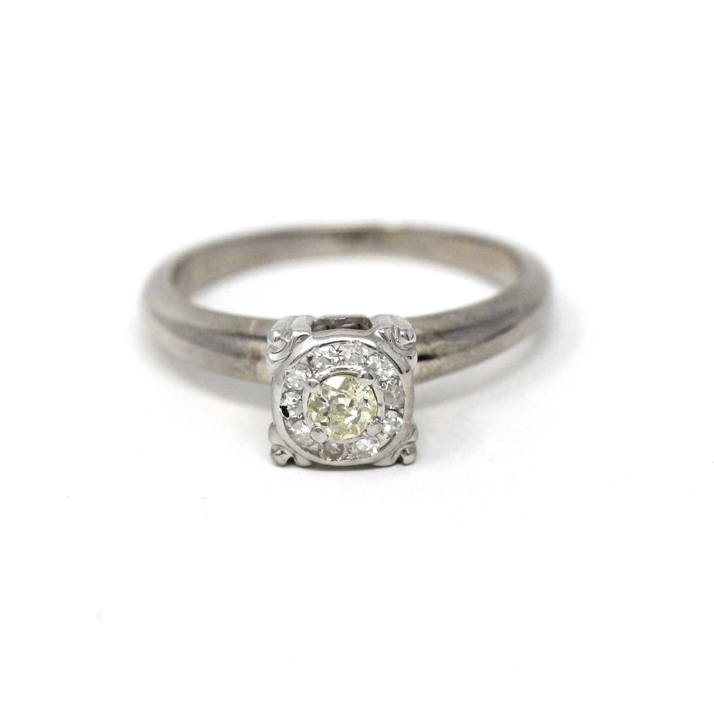 Illusion Halo Ring - Vintage 14k White Gold Natural Diamond Cluster Engagement - Mid Century Circa 1950s Era Size 5 1/4 Fine Bridal Jewelry