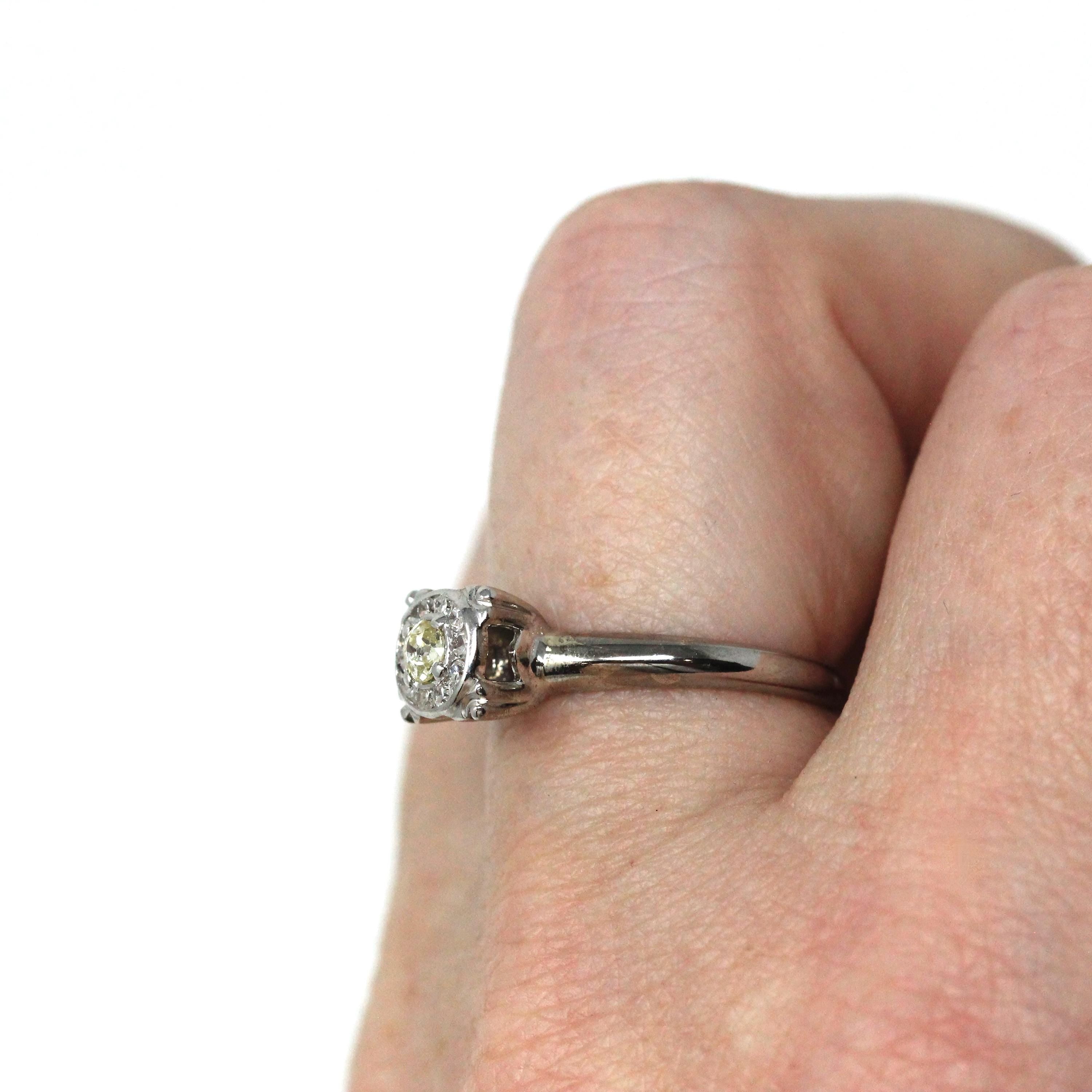 Illusion Halo Ring - Vintage 14k White Gold Natural Diamond Cluster Engagement - Mid Century Circa 1950s Era Size 5 1/4 Fine Bridal Jewelry