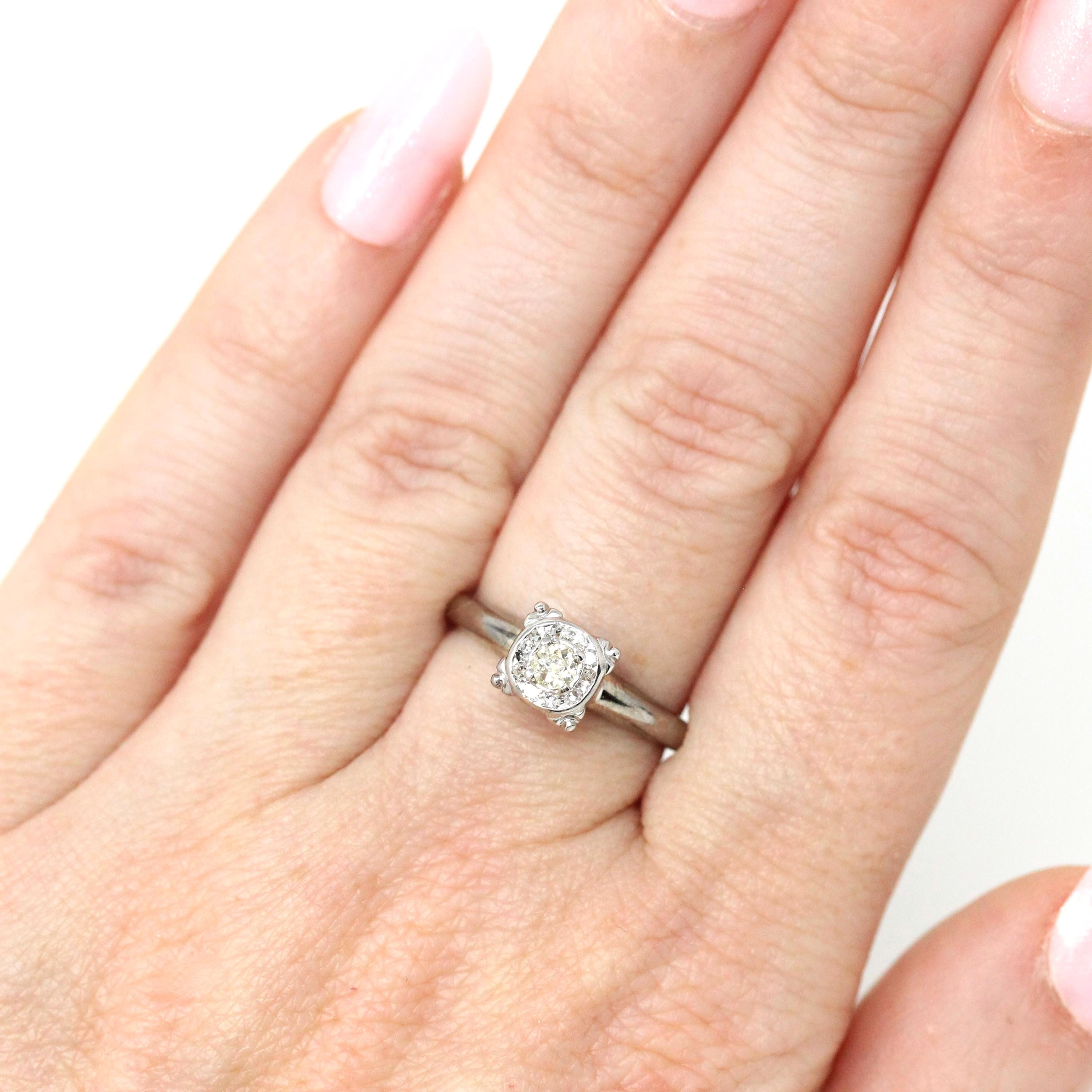 Illusion Halo Ring - Vintage 14k White Gold Natural Diamond Cluster Engagement - Mid Century Circa 1950s Era Size 5 1/4 Fine Bridal Jewelry