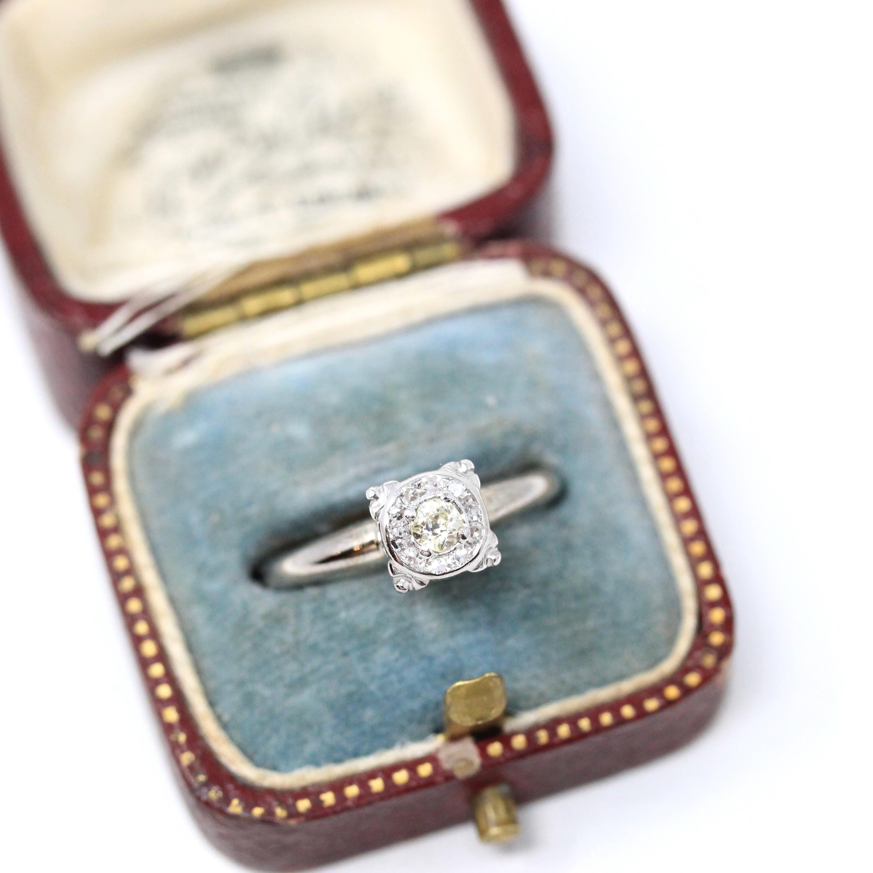 Illusion Halo Ring - Vintage 14k White Gold Natural Diamond Cluster Engagement - Mid Century Circa 1950s Era Size 5 1/4 Fine Bridal Jewelry