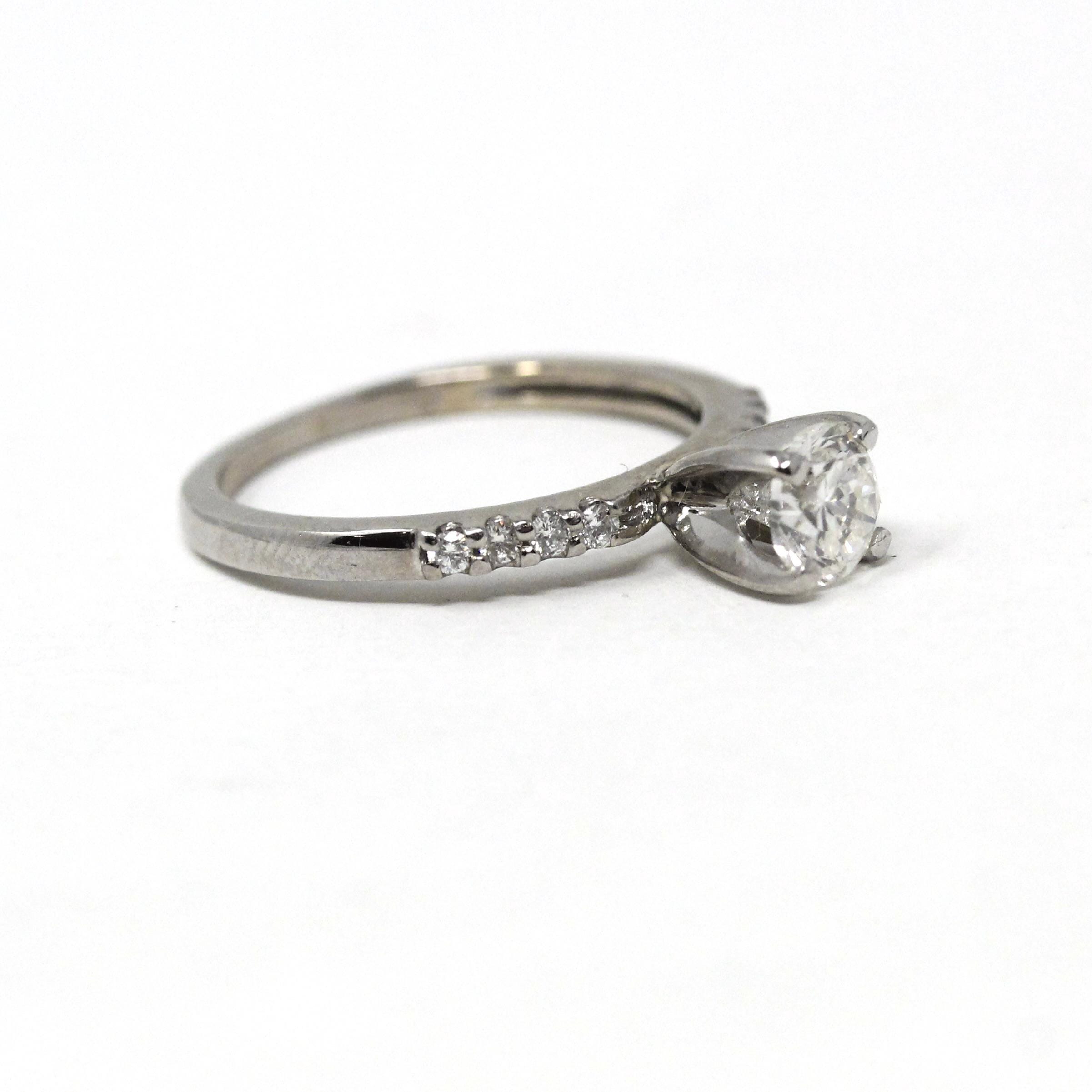 Diamond Engagement Ring - Modern 14k White Gold Natural Round Brilliant Cut Gems - Vintage Estate Era Size 5 Bridal Fine Statement Jewelry