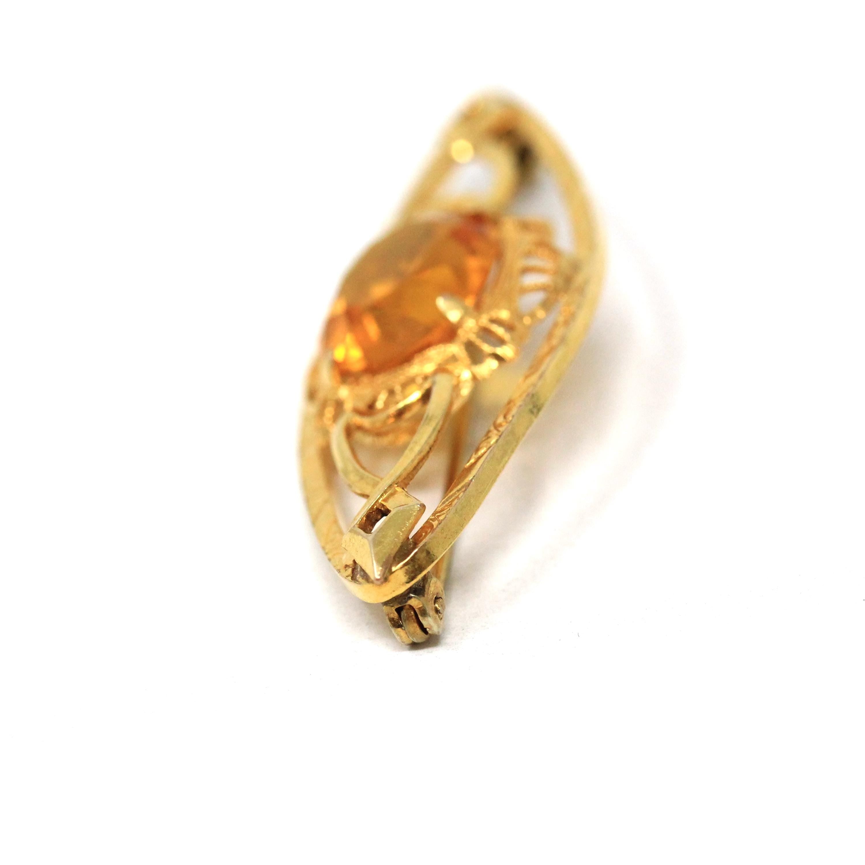Simulated Citrine Brooch - Art Deco Gold Filled Vintage Yellow Glass Gemstone Pin - Circa Late 1930s Era Accessory Statement Fashion Jewelry