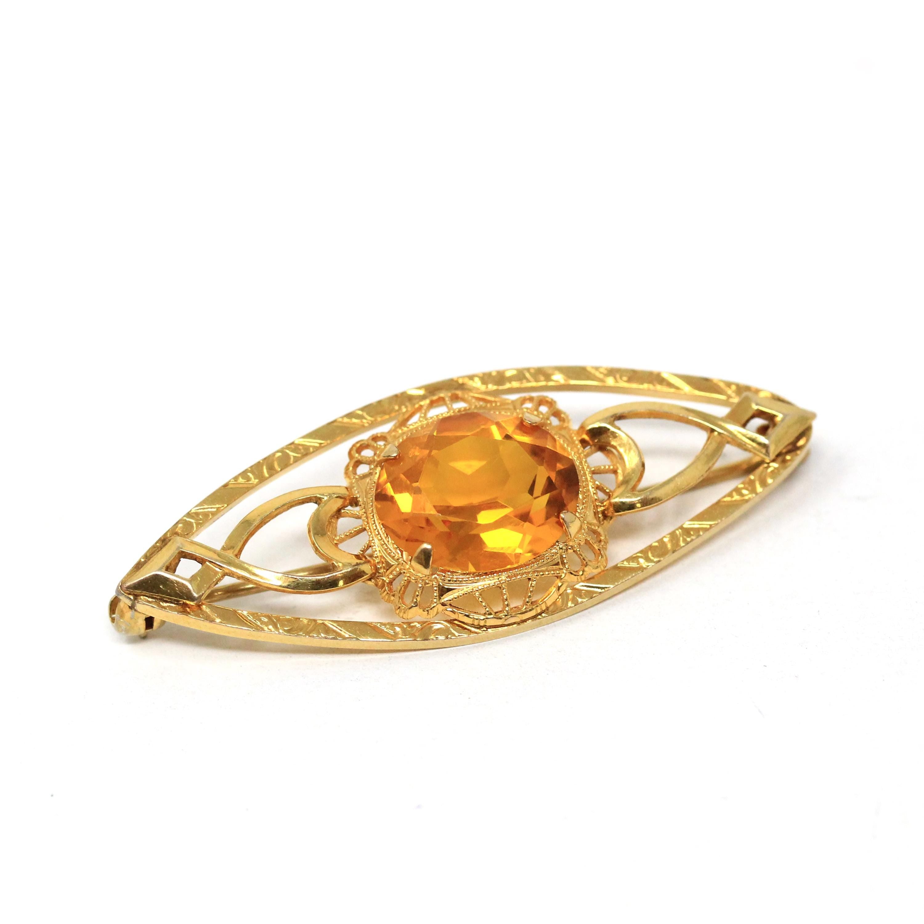Simulated Citrine Brooch - Art Deco Gold Filled Vintage Yellow Glass Gemstone Pin - Circa Late 1930s Era Accessory Statement Fashion Jewelry