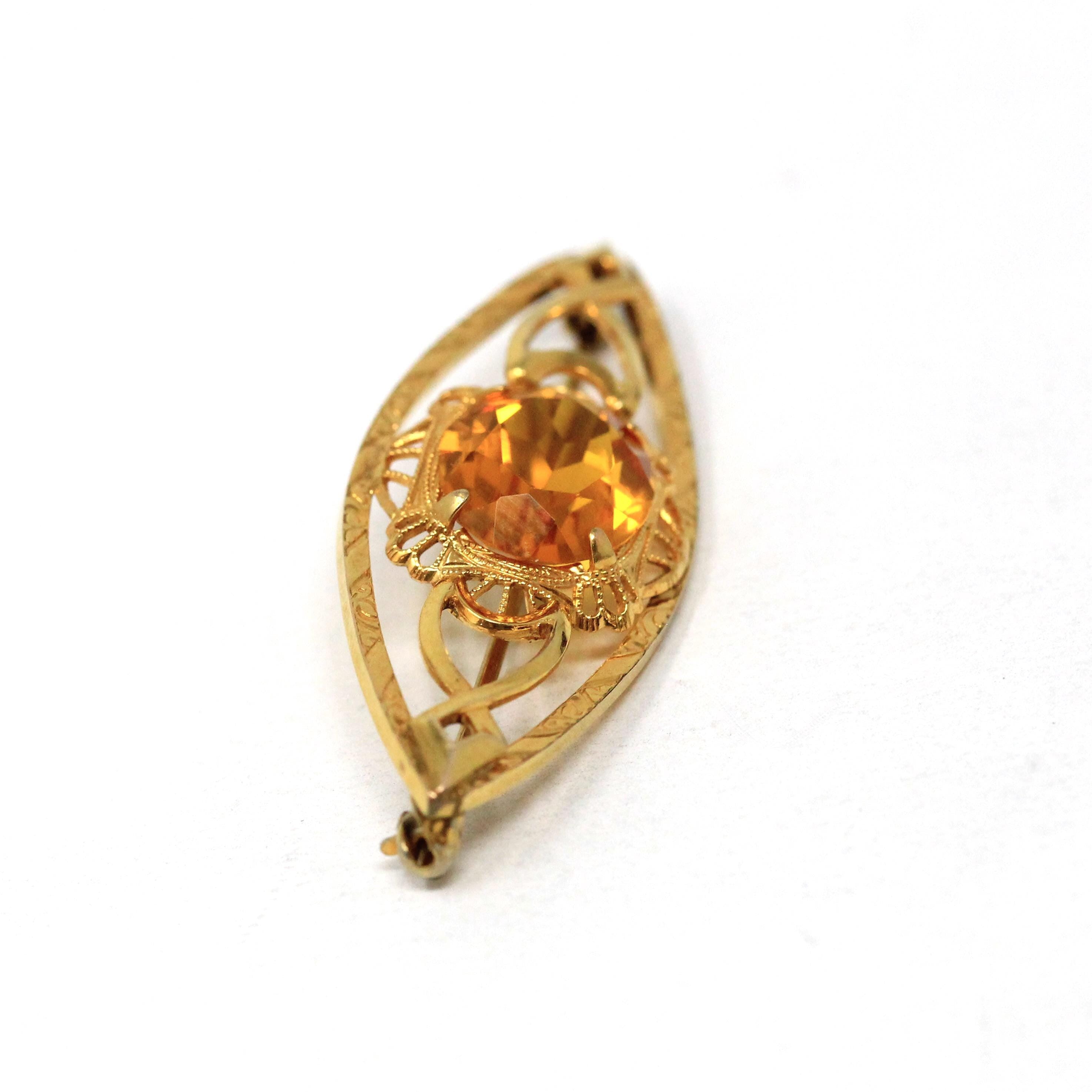 Simulated Citrine Brooch - Art Deco Gold Filled Vintage Yellow Glass Gemstone Pin - Circa Late 1930s Era Accessory Statement Fashion Jewelry