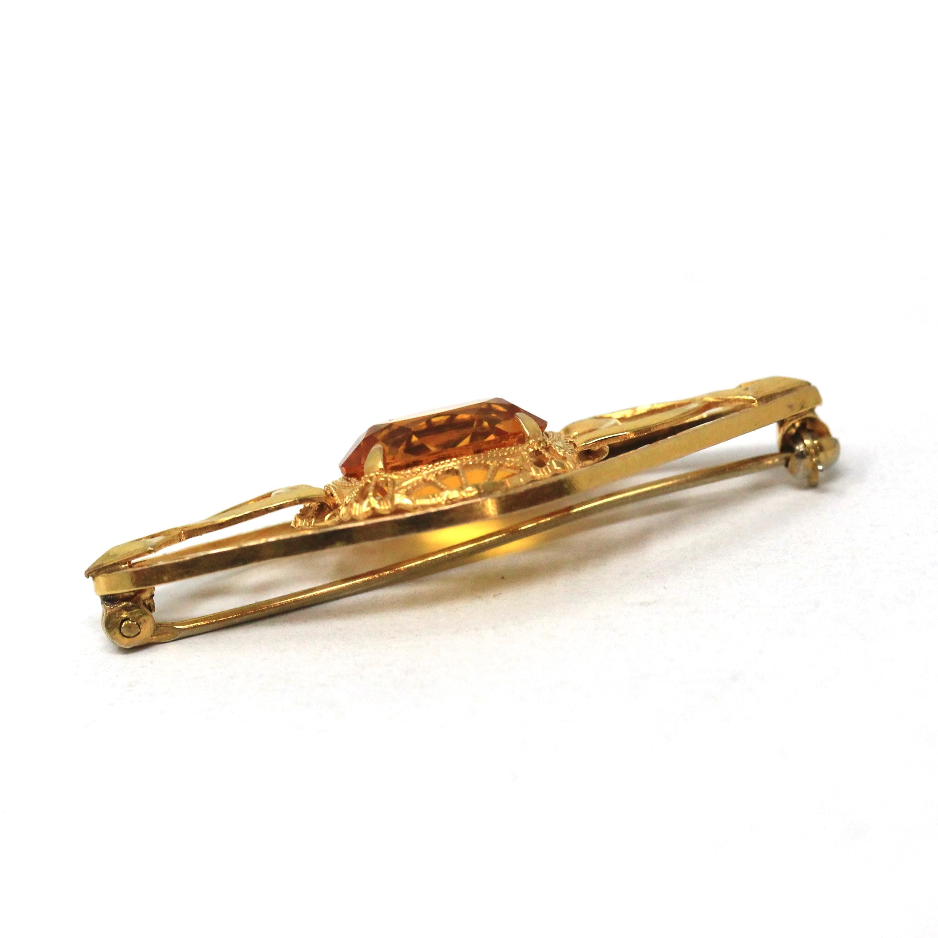 Simulated Citrine Brooch - Art Deco Gold Filled Vintage Yellow Glass Gemstone Pin - Circa Late 1930s Era Accessory Statement Fashion Jewelry