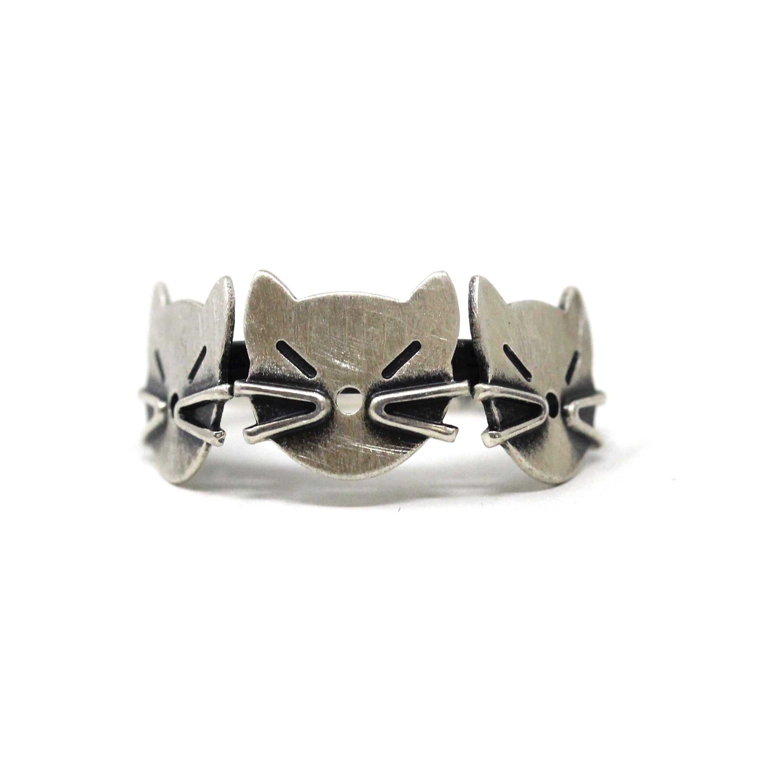 Vintage Cat Ring - Retro Sterling Silver Three Feline Kitten Faces Statement - Circa 1970s Adjustable Size Animal Beaucraft Fashion Jewelry