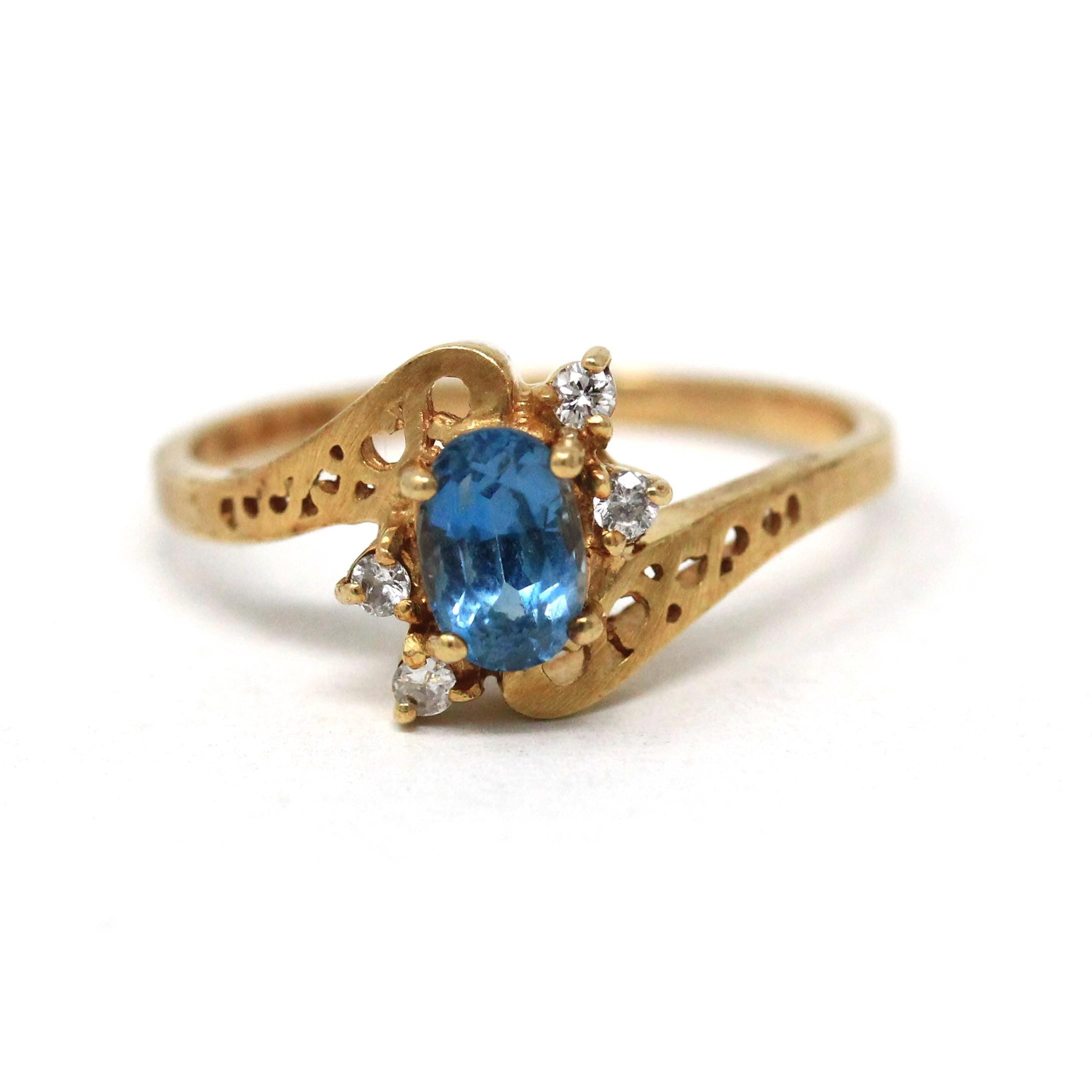 Blue Topaz Ring - Estate 14k Yellow Gold Natural 0.67 CT Blue Gemstone - Circa 1980s Era Size 6 1/4 Diamond Accent Fine Statement Jewelry