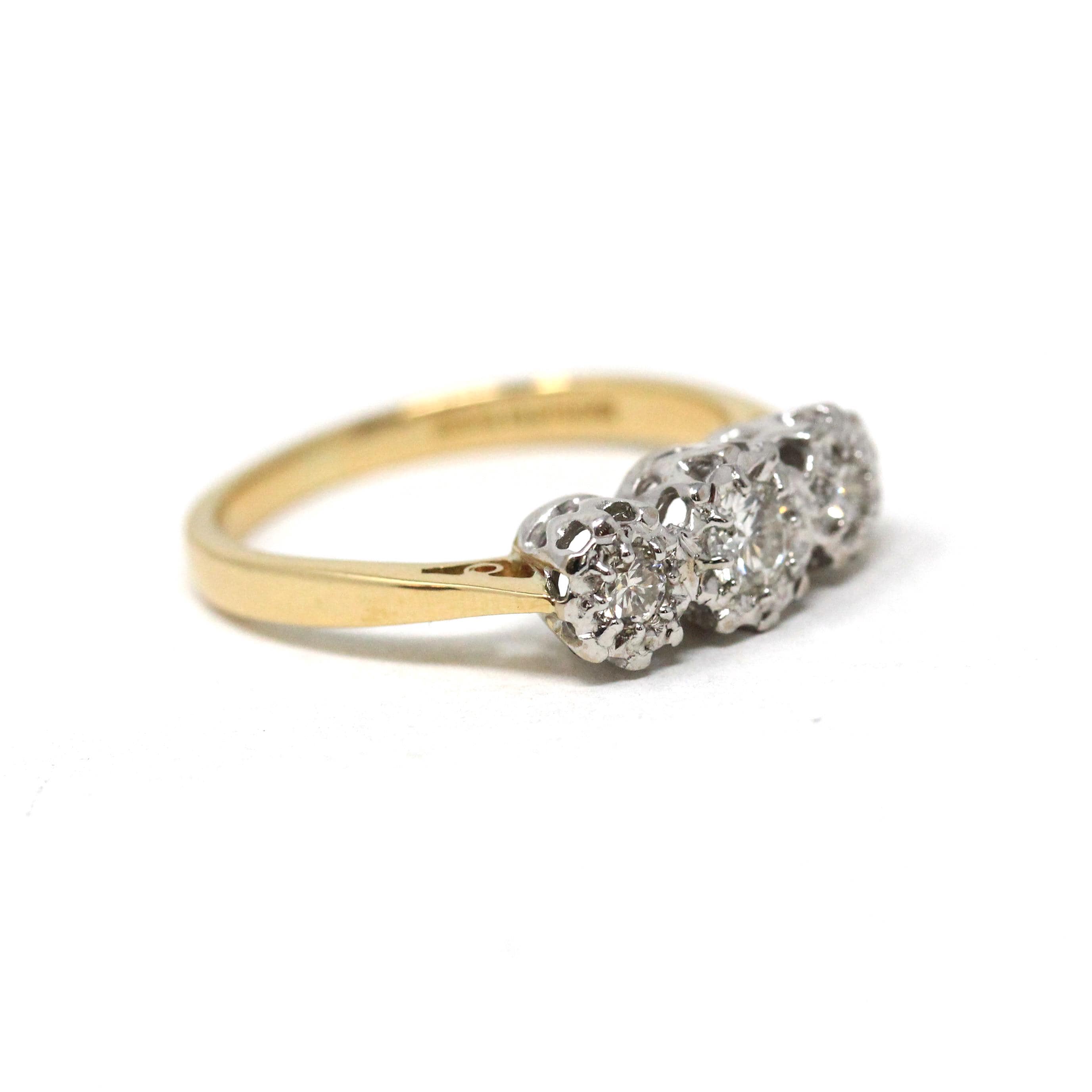 Star-Incised Diamond Ring - Vintage 18k Yellow & White Gold .28 CTW Wedding Band - Estate Circa 1988 English Anniversary 2 Tone Fine Jewelry