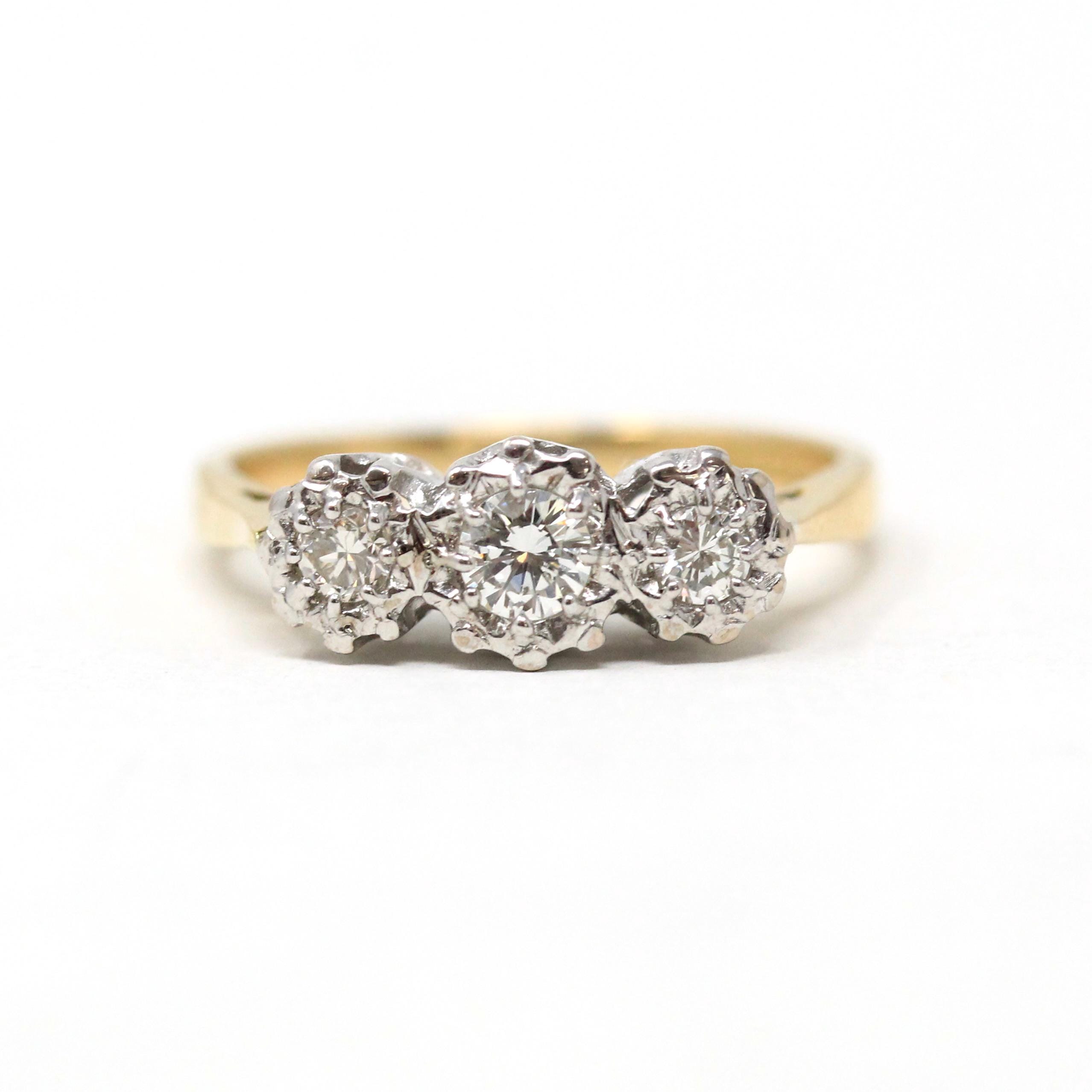 Star-Incised Diamond Ring - Vintage 18k Yellow & White Gold .28 CTW Wedding Band - Estate Circa 1988 English Anniversary 2 Tone Fine Jewelry