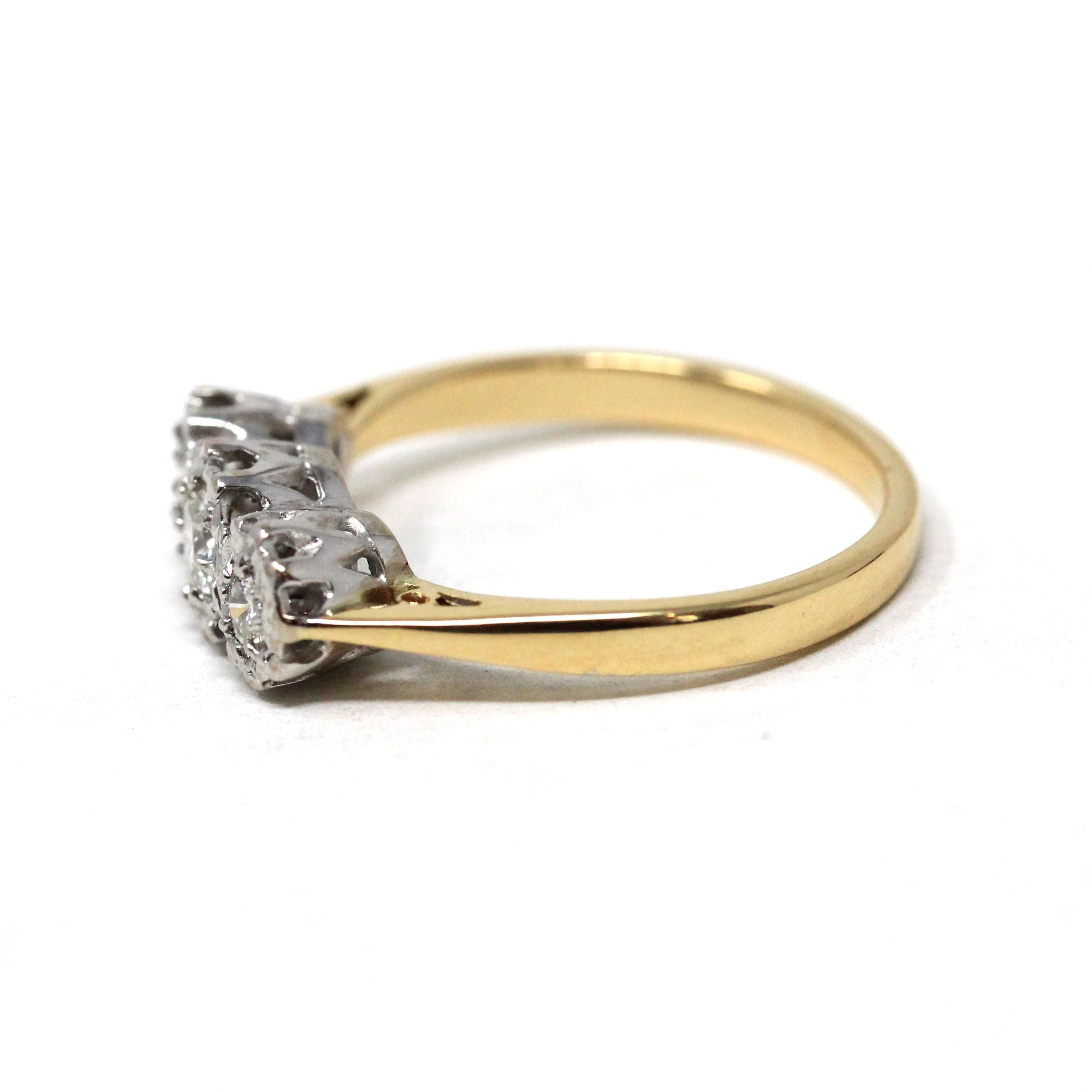 Star-Incised Diamond Ring - Vintage 18k Yellow & White Gold .28 CTW Wedding Band - Estate Circa 1988 English Anniversary 2 Tone Fine Jewelry