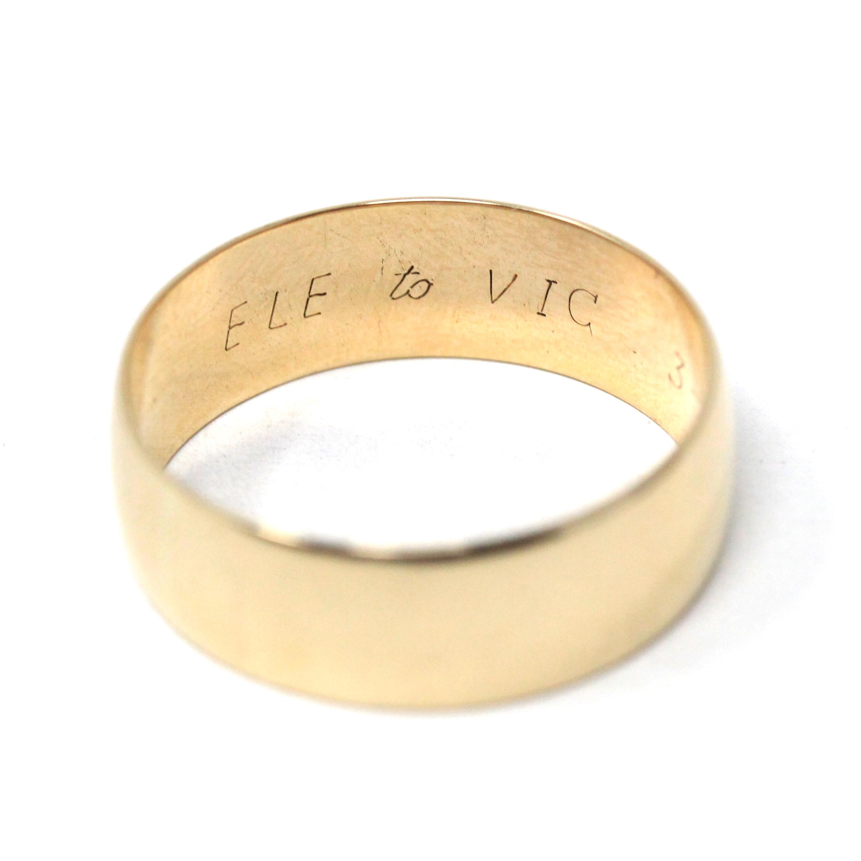 Vintage Wedding Band - Estate 10k Yellow Gold Wide Men's Unisex Stacking Cigar Ring - Modern Dated 1987 "ELE to VIC 3-16-87" Fine Jewelry