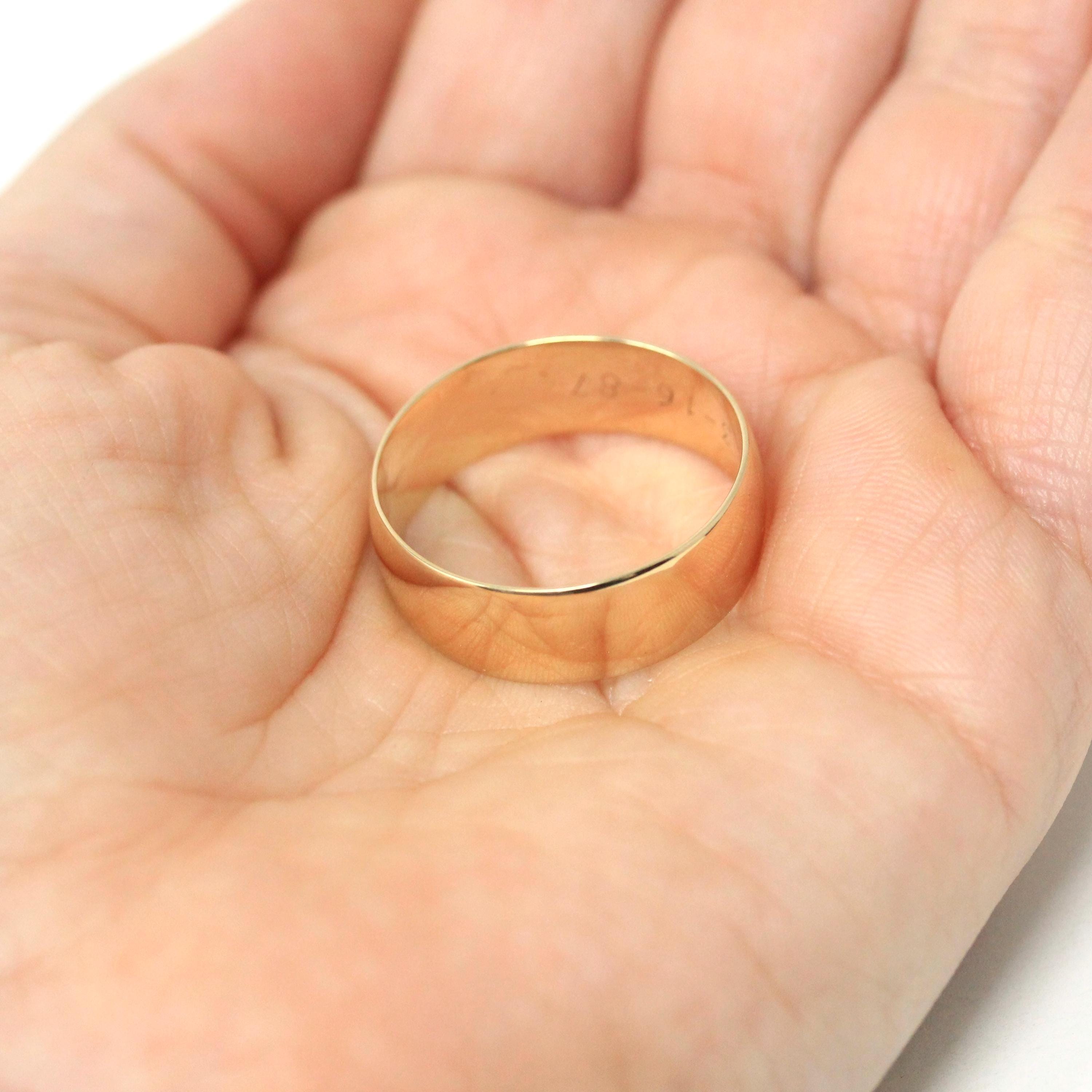 Vintage Wedding Band - Estate 10k Yellow Gold Wide Men's Unisex Stacking Cigar Ring - Modern Dated 1987 "ELE to VIC 3-16-87" Fine Jewelry