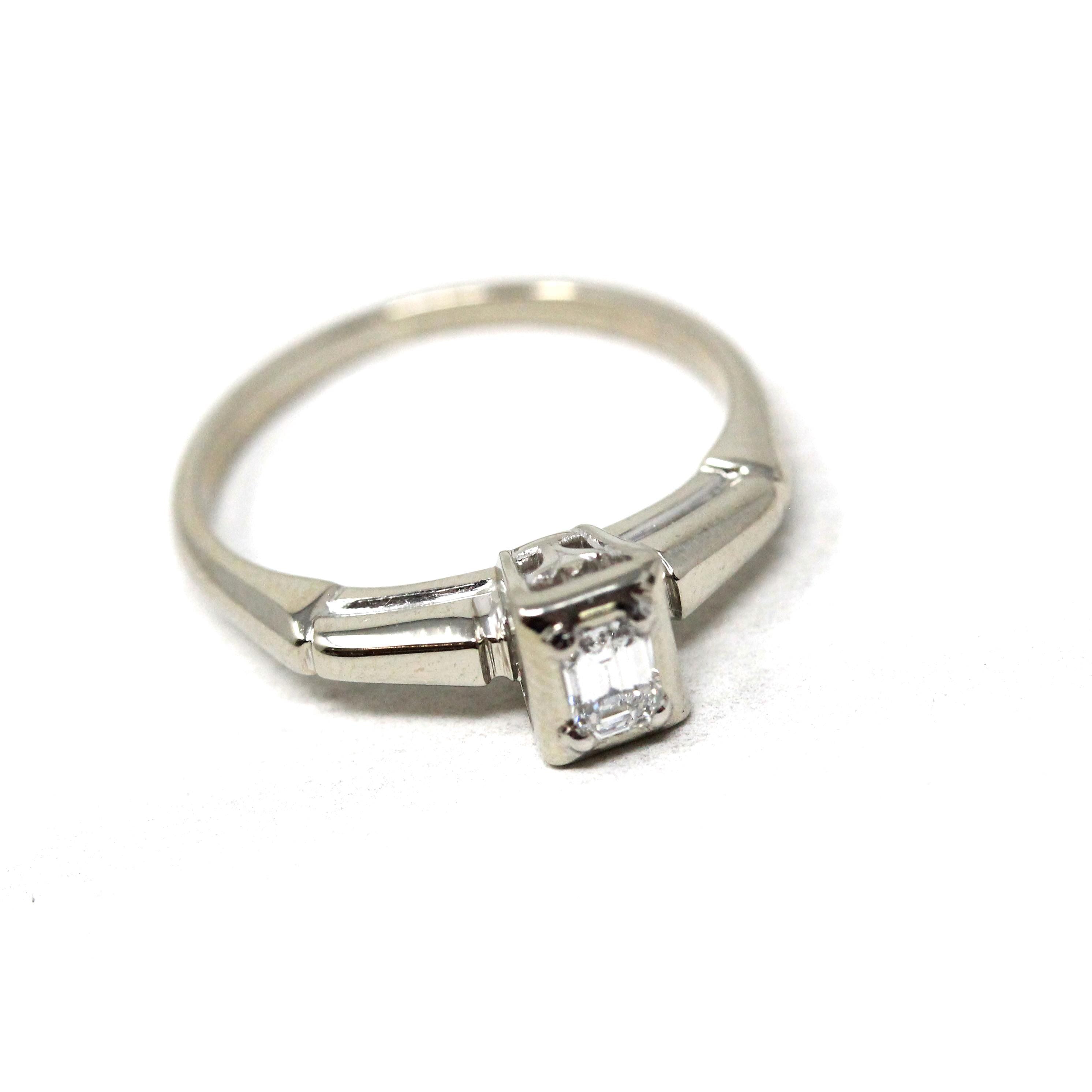 Vintage Diamond Ring - Mid Century 18k White Gold Engagement Natural Emerald Cut Gemstone Solitaire - Circa 1950s Size 4 1/2 Fine Jewelry
