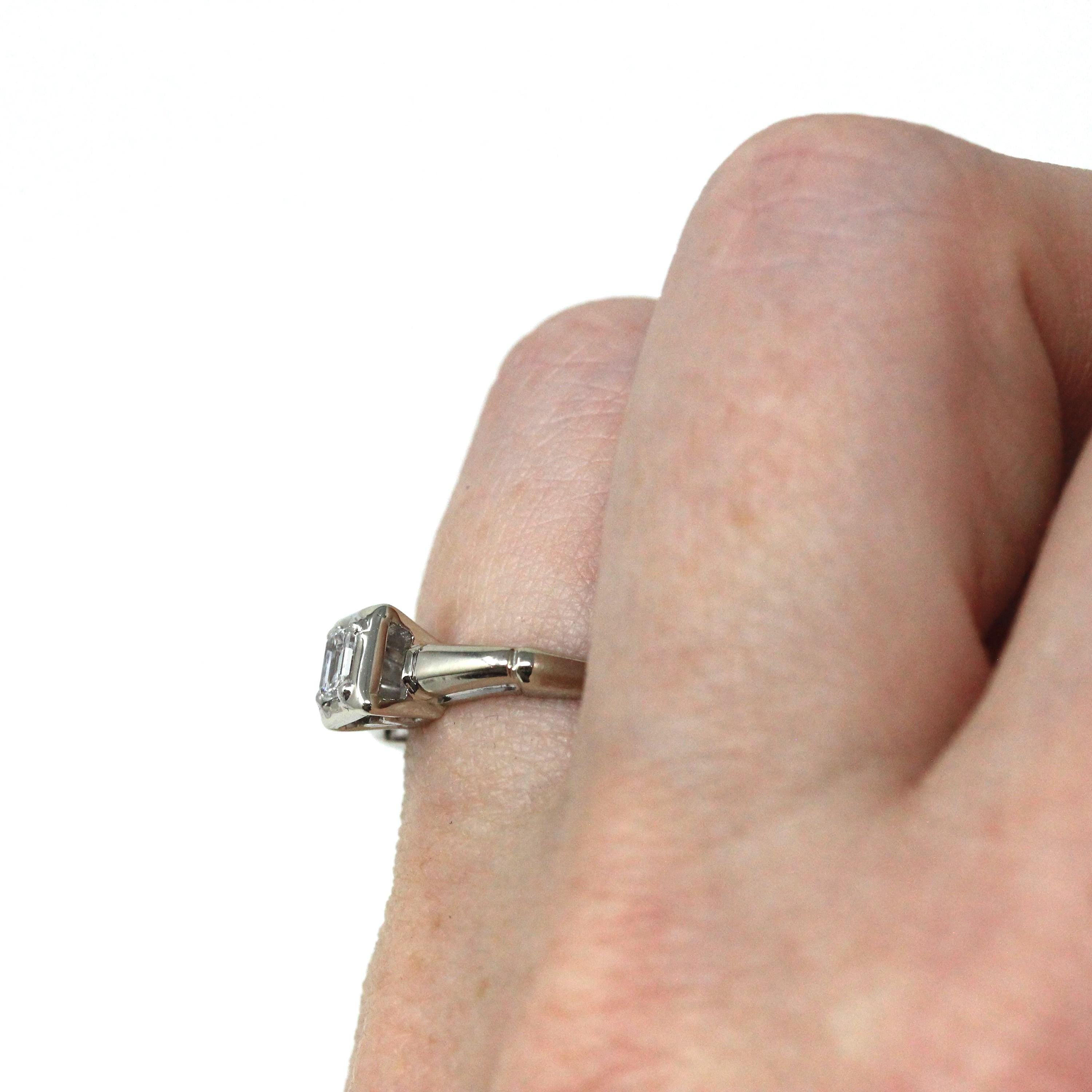 Vintage Diamond Ring - Mid Century 18k White Gold Engagement Natural Emerald Cut Gemstone Solitaire - Circa 1950s Size 4 1/2 Fine Jewelry