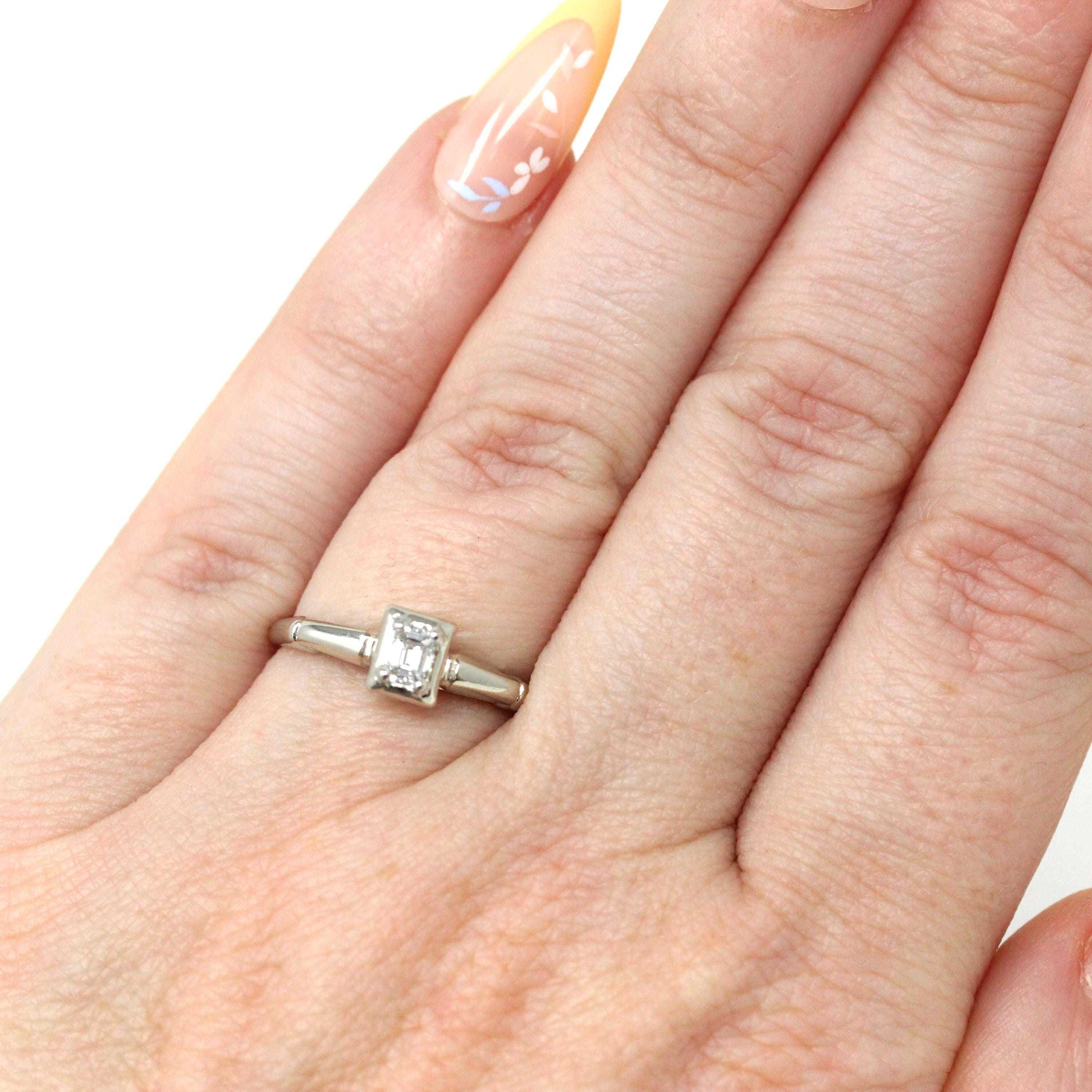 Vintage Diamond Ring - Mid Century 18k White Gold Engagement Natural Emerald Cut Gemstone Solitaire - Circa 1950s Size 4 1/2 Fine Jewelry